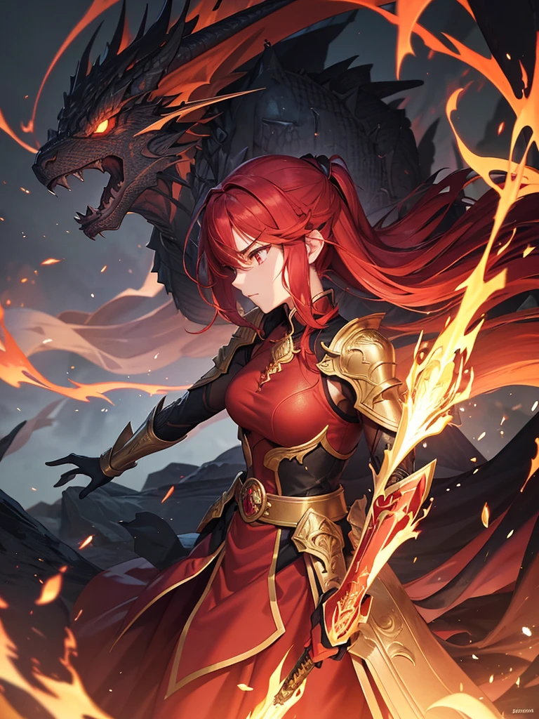 Shiota is a warrior with vibrant red hair.,flow like living fire around your head. She is in a firm and powerful posture, body slightly tilted forward, ready to deliver a deadly blow. His expression is determined and fierce, with an intense gaze that reveals the draconic strength she is channeling. Seus olhos brilham intensamente, with incandescent irises reflecting the fury of the flames that surround her.
A flaming aura surrounds Shiota's entire body, with dancing flames in shades of red, laranja e dourado. Flames seem to emerge from within her, as if becoming one with the power of the dragon. Shiota's hair flutters as if in the wind, with the tips emitting light sparks. Your skin displays temporary flame markings or scales that glow during the transformation., accentuating your connection with the draconic essence.
Shiota wears a red and black battle suit, with dragon wings and tail, intricate gold details reminiscent of dragon scales. A black and red sash is tied around her waist, holding an ornate scabbard embossed with the image of a golden dragon. She wields a katana with a shining blade, which emits a light aura of fire, ready to deliver devastating blows.
The setting is a devastated battlefield, with sparks and small flames in the air, creating an atmosphere of chaos and destruction. The ground around Shiota is burned or cracked due to the heat emanating from his flaming aura.. Other warriors can be seen in the background, some in shock and others trying to keep their distance, intimidated by Shiota's strength and overwhelming presence.
Shiota is at the height of the battle, facing multiple opponents or a powerful enemy. His fiery aura and imposing stance highlight his draconic transformation., making her a central figure on the battlefield. The intensity of her transformation suggests she is fighting with all her might.