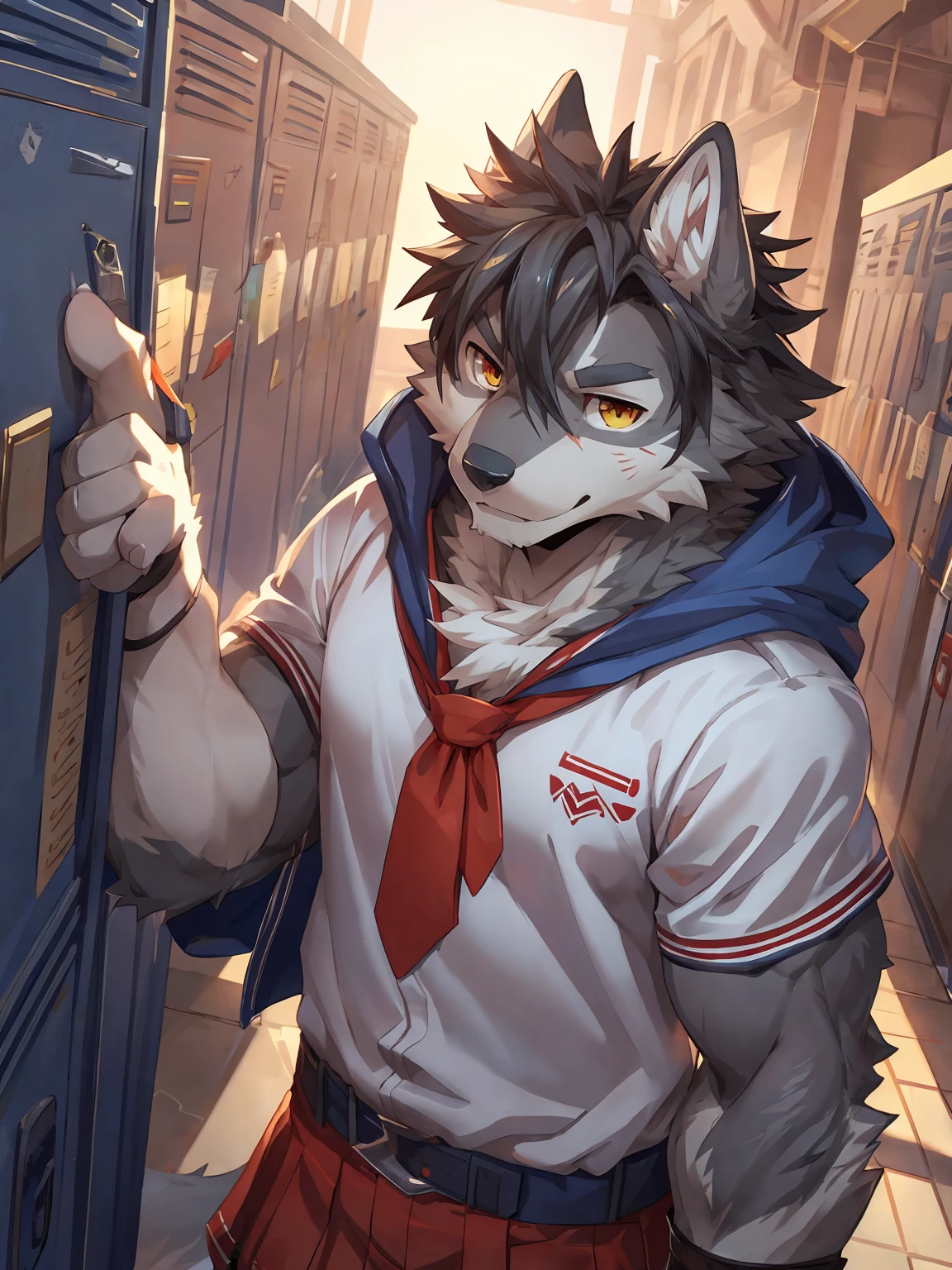 embedding:Gray wolf,Golden Eyes，Single Person,a scar on the face.Gray fur，High school students,school uniform,Scratch head,Standing by the school locker,Soft sunlight,The setting sun shines in.Handsome,Smart,Best quality hands, best quality eye，detailed fur，Delicate eyes.Extreme picture quality，by sollyz,by zixiong,by null_ghost