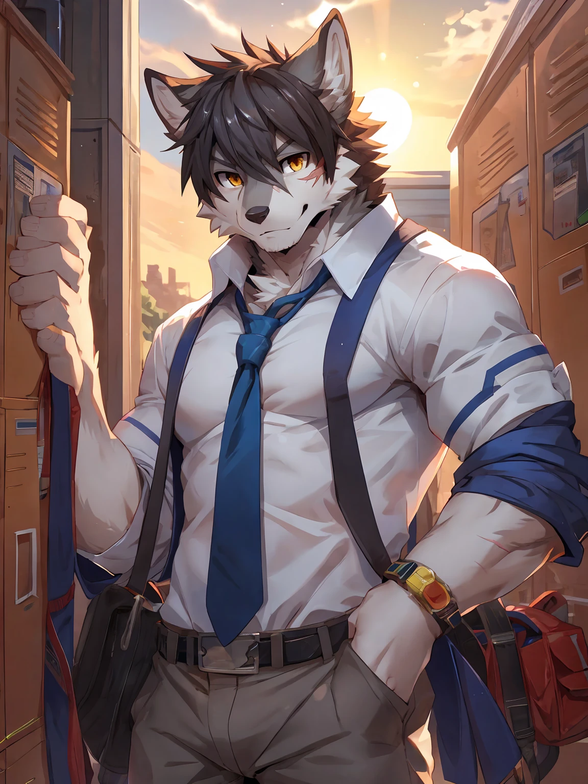 embedding:Gray wolf,Golden Eyes,Single Person,a scar on the face.Gray fur,High school students,school uniform,Scratch head,Standing by the school locker,Soft sunlight,The setting sun shines in.Handsome,Smart,Best quality hands, best quality eye,detailed fur,Delicate eyes.Extreme picture quality,by sollyz,by zixiong,by null_ghost