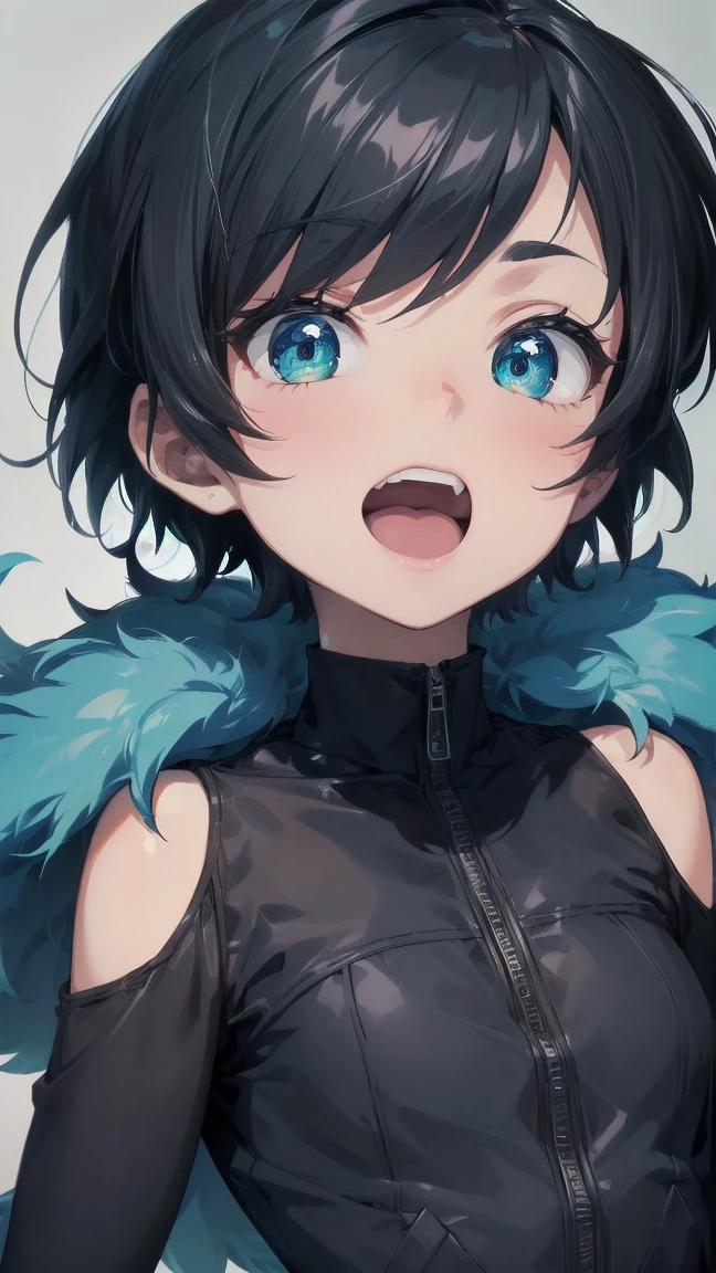 Close-up of a cartoon girl with blue hair and a yellow shirt, 2D Animation, 2D Animation style, 2D Art, 2D Art, 2D from Gorillaz, 2D from Gorillaz, 2D Gorillaz, Screaming Cerket, 2D Sprites, Jinx Face, short hair, Small breasts, hot pants, ((Black Hair, Bright blue fur inside:1.4))