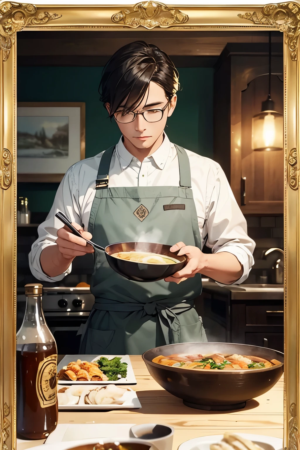 A man, depicted with intricate detail and realism, is portrayed in an apron, skillfully holding a steaming bowl of delicious-looking chicken noodles in a nostalgic, simple circular frame. The image exudes warmth and coziness. Below the frame, the WhatsApp logo is prominently displayed, accompanied by the phone number 081227880552, adding a modern touch to this traditional scene. The 3D quality of the image brings a sense of depth and authenticity, making it an engaging and visually appealing piece.