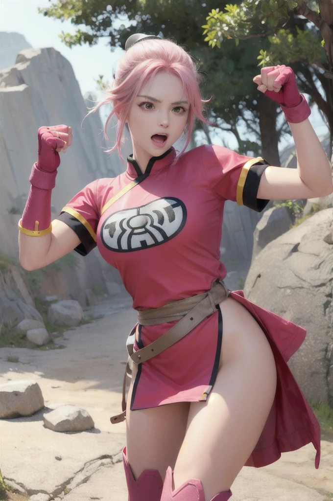(masterpiece, best quality:1.1), (open mouth, clenched fist, action pose,:1.1), maam, dragon quest, 1girl, solo, big breasts:1.6, looking at viewer, short hair, pink hair, parted bang, (bun cover,:1.1) yellow eyes, fingerless gloves, pink gloves, chinese clothes, Red dress, ribbon, boots, white background