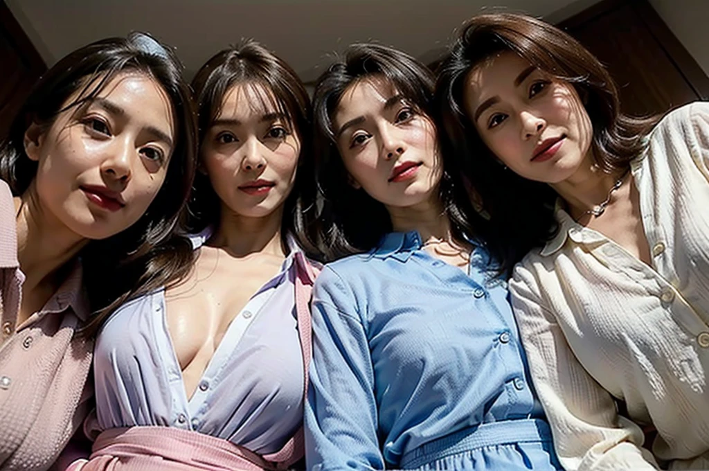 (masterpiece : 1.5), (super detailed : 1.5), (realistic : 1.5), (3 woman : 1.5), (looking down at viewer : 1.3), (view from below : 1.3), (3 woman standing side by side : 1.3), (they are all 60 years old : 1.3), beautiful mother, (they all have face wrinkles : 1.3), (smirking : 1.3), (Each has a different hairstyle), (they all are wearing shirt : 1.1), (in a small fitting room : 1.2), (they all are same height : 1.1), pores, skin blemishes, fleckles, realistic detailed skin, (focus on the chest from below : 1.2)