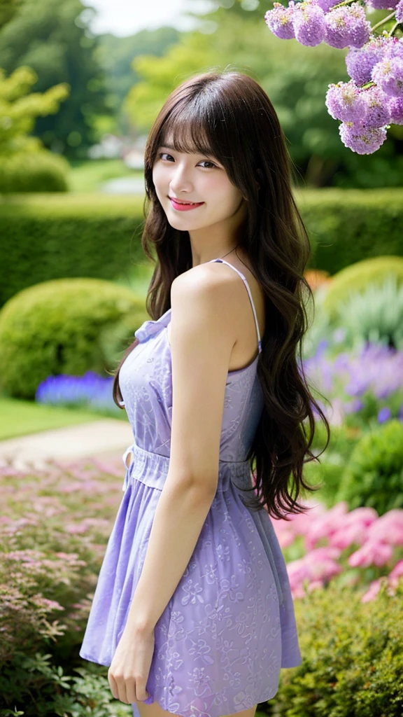 (masterpiece:1.2, top-quality, ultra high res, ultra detailed), (realistic, photorealistic:1.4), beautiful illustration, (natural side lighting, movie lighting), 
looking at viewer, 1 girl, japanese, high school girl, perfect face, (perfect anatomy), cute and symmetrical face, shiny skin, slender, 
(long hair, (low-tied long hair:1.5), purple hair), hair between eyes, swept bangs, brown eyes, drooping eyes, big eyes, long eye lasher, (medium breasts), 
beautiful hair, beautiful face, beautiful detailed eyes, beautiful clavicle, beautiful body, beautiful chest, beautiful thigh, beautiful legs, 
((light purple and pink flower pattern dress)), 
(beautiful scenery), depth of field, morning, (flower garden), standing, (lovely smile, upper eyes, open mouth),