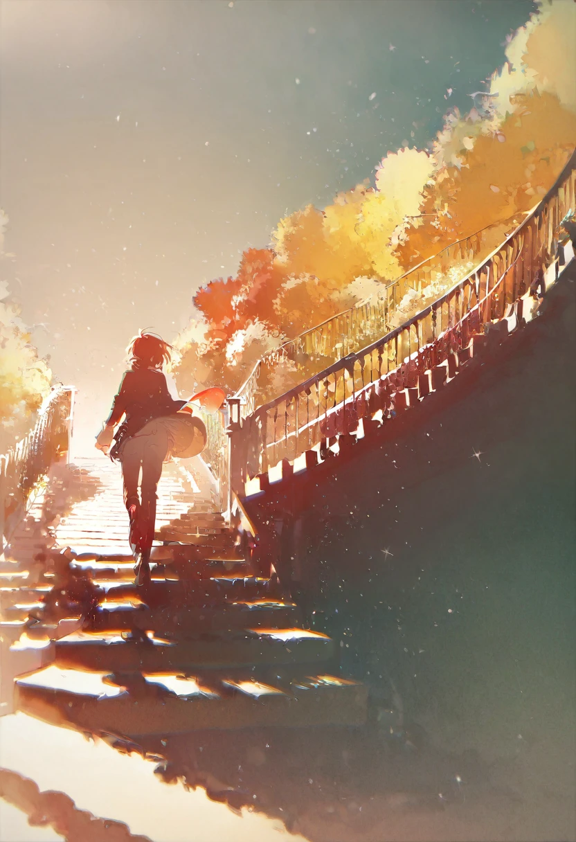 score_9, score_8_up, score_7_up, score_6_up, by rella,best aesthetic, a person walking down a stairway, long shot, great use of color theory, red and yellow colors, particles flying, sunny, high contrast