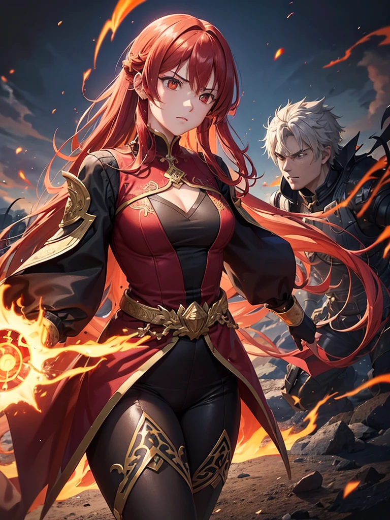 Shiota is a warrior with vibrant red hair.,flow like living fire around your head. She is in a firm and powerful posture, body slightly tilted forward, ready to deliver a deadly blow. His expression is determined and fierce, with an intense gaze that reveals the draconic strength she is channeling. Seus olhos brilham intensamente, with incandescent irises reflecting the fury of the flames that surround her.
A flaming aura surrounds Shiota&#39;s entire body, with dancing flames in shades of red, laranja e dourado. Flames seem to emerge from within her, as if becoming one with the power of the dragon. Shiota&#39;s hair flutters as if in the wind, with the tips emitting light sparks. Your skin displays temporary flame markings or scales that glow during the transformation., accentuating your connection with the draconic essence.
Shiota wears a red and black battle suit, with dragon wings and tail, intricate gold details reminiscent of dragon scales. A black and red sash is tied around her waist, holding an ornate scabbard embossed with the image of a golden dragon. She wields a katana with a shining blade, which emits a light aura of fire, ready to deliver devastating blows.
The setting is a devastated battlefield, with sparks and small flames in the air, creating an atmosphere of chaos and destruction. The ground around Shiota is burned or cracked due to the heat emanating from his flaming aura.. Other warriors can be seen in the background, some in shock and others trying to keep their distance, intimidated by Shiota&#39;s strength and overwhelming presence.
Shiota is at the height of the battle, facing multiple opponents or a powerful enemy. His fiery aura and imposing stance highlight his draconic transformation., making her a central figure on the battlefield. The intensity of her transformation suggests she is fighting with all her might.