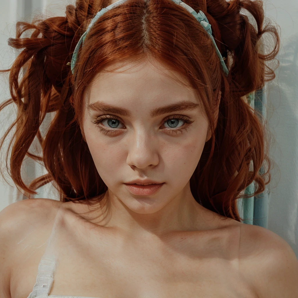 make mirko, cute russian girl, White skin, 22 years, fine nose, small mouth, light blue eye, scabies on the face, beautiful face, seductive look, In the same position, in the same scenario, wearing identical clothes, reddish brown hair