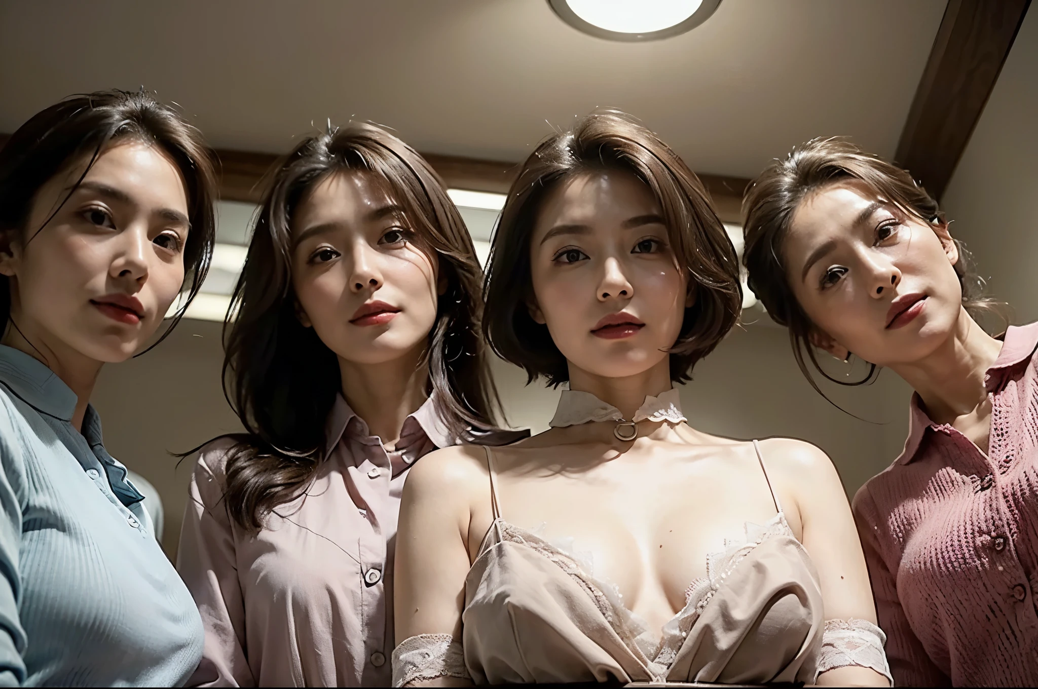 (masterpiece : 1.5), (3 woman : 1.5), (they all are looking down at viewer : 1.3), (view from below : 1.3), (3 woman standing side by side : 1.3), (they are all 68 years old : 1.3), beautiful mother, (they all have face wrinkles : 1.3), (gentle smile : 1.3), (Each has a different hairstyle), (they all are wearing tight collared shirt : 1.3), (Each has a different size of breasts),(in a small room : 1.3), (they all are same height : 1.1), pores, skin blemishes, fleckles, realistic detailed skin, (focus on the chest from below : 1.2)