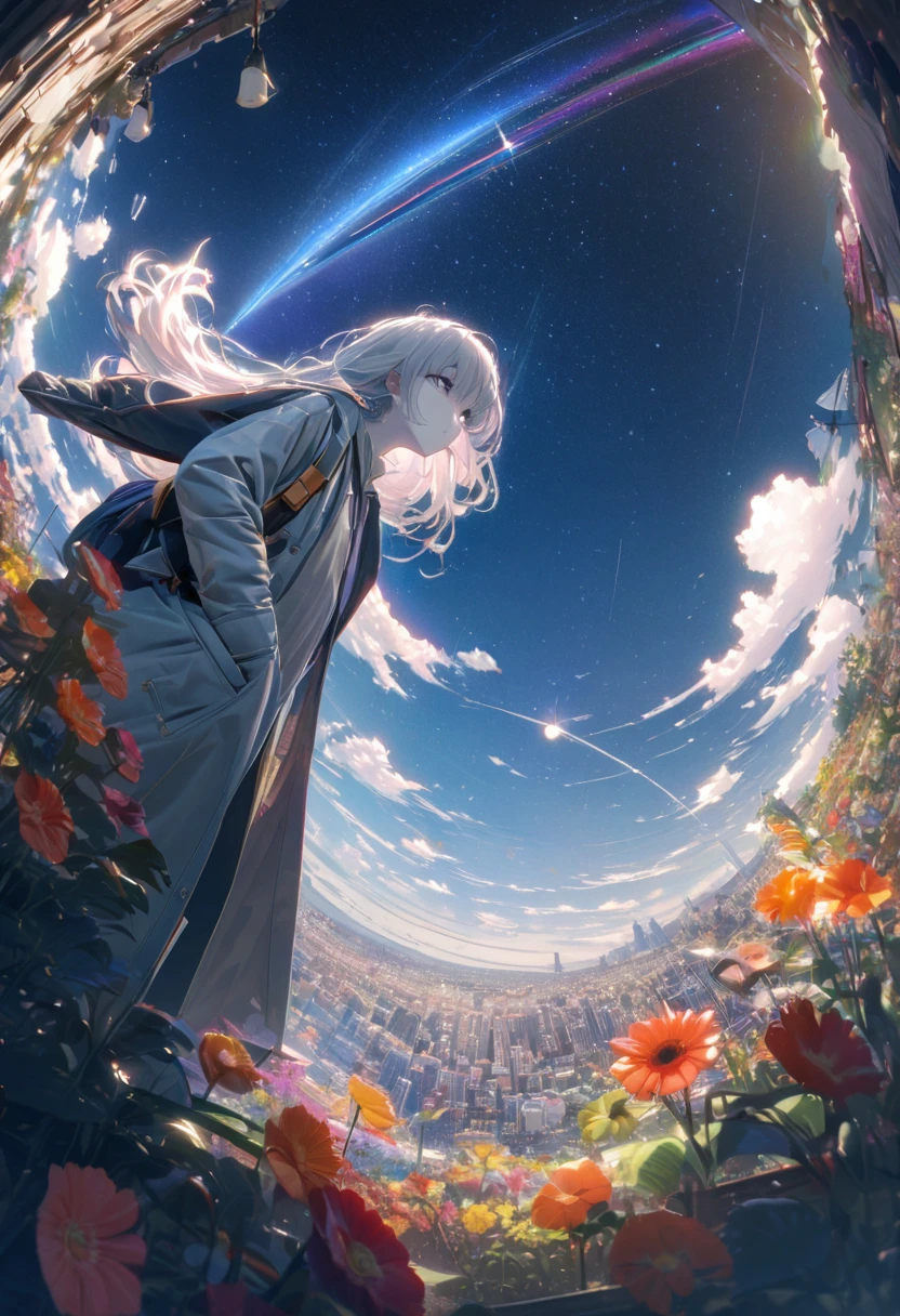 Angelic, detailed woman, Starry Sky, shooting star , horizon, In the sky, city , Lens flare, colorful,coat, Put your hands in your pockets,(student, 18-year-old, JK, Her short silver hair sways, Pale skin,) Looking up at the sky, Beautiful sky, The scenery is beautiful., 広いLooking up at the sky, Colorful summer flowers are blooming everywhere., I see the wind blowing and shining, In the skyは正午の月と正午の星がある,From below, break ,quality(8K,非常に精細なCGユニットのwallpaper, masterpiece,High resolution,top-quality,top-quality real texture skin,Surreal,Increase the resolution,RAW Photos,最高quality,Very detailed,wallpaper,Cinema Lighting,Ray Tracing,Golden Ratio),Have a long-term perspective
