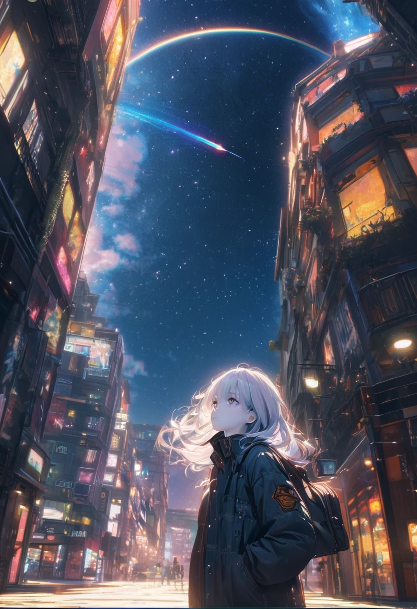 Angelic, detailed woman, Starry Sky, shooting star , horizon, In the sky, city , Lens flare, colorful,coat, Put your hands in your pockets,(student, 18-year-old, JK, Her short silver hair sways, Pale skin,) Looking up at the sky, Beautiful sky, The scenery is beautiful., 広いLooking up at the sky, Colorful summer flowers are blooming everywhere., I see the wind blowing and shining, In the skyは正午の月と正午の星がある,From below, break ,quality(8K,非常に精細なCGユニットのwallpaper, masterpiece,High resolution,top-quality,top-quality real texture skin,Surreal,Increase the resolution,RAW Photos,最高quality,Very detailed,wallpaper,Cinema Lighting,Ray Tracing,Golden Ratio),Have a long-term perspective