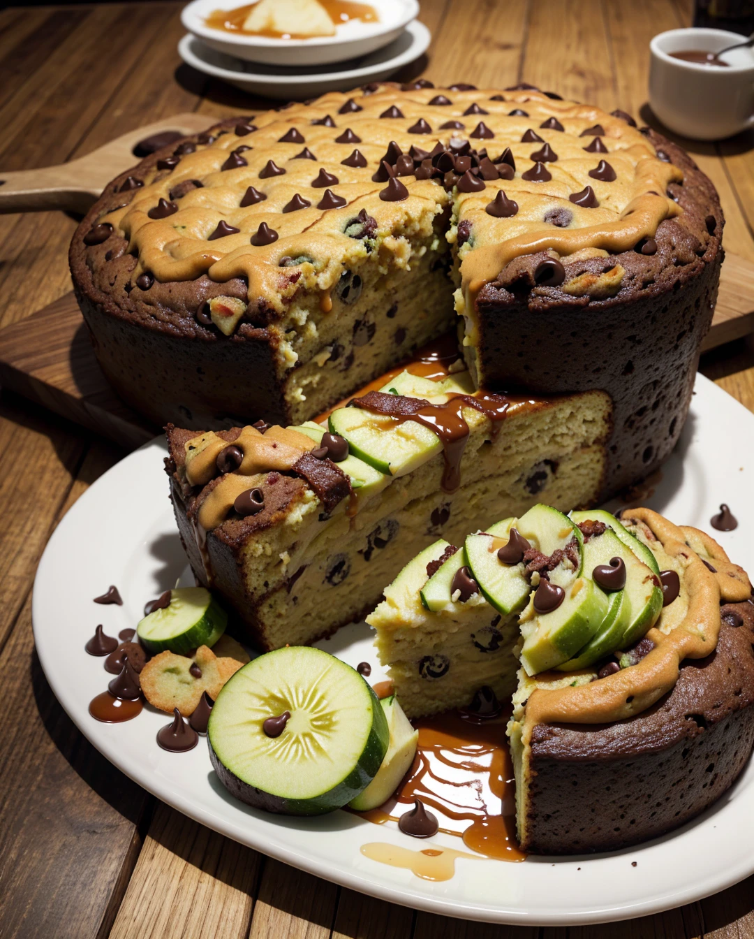 zucchini, bacon, chocolate chip, cake, caramel syrup, apples