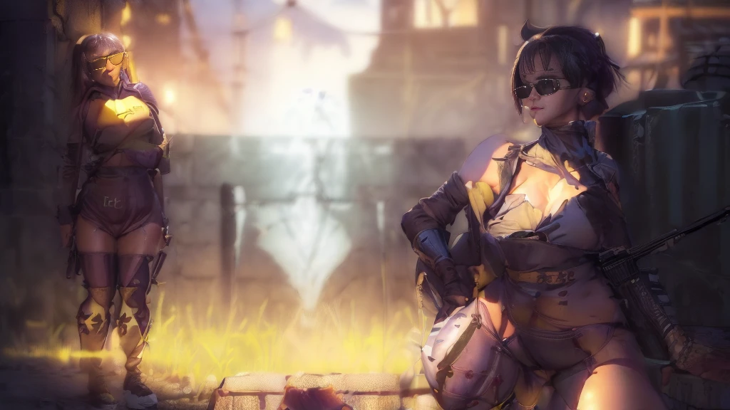 8K, Realistic Skin Texture, Realistic Photo, (((((1 slim:1.1 western women, solo))))), large-breast:1.4 cleavage:1.3, AD2050 at night, wearing tube top, miniskirt, (((black sunglasses, automatic rifle, sneakers, cold, standing and shooting pose))), (((((((half-body (((thigh level))) medium:1.3 shot))))))), innovative composition, revenge, aerial view of military base, blade runner worldview, large neon sign.
