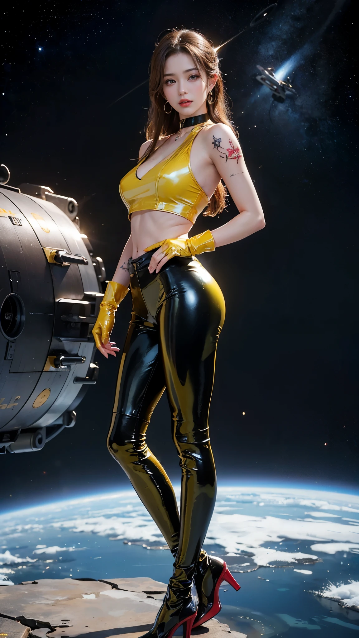 ((masterpiece:1.4)、(Highest quality:1.4)、(Realistic:1.7))、Masterpiece:1.4、(Top-notch rendering:1.4)、(Yuki, the beautiful navigator of the Space Battleship Hikari:1.4)、Super Beauty航海士Yuki、(By Luis Royo:1.4)、(A uniform that accentuates your beautiful figure:1.2)、(Futuristic sci-fi battle fashion:1.2)、(Street Style Wear)、(Tight Fit Pants)、(Shiny luxury latex:1.4)、(Luxury yellow latex:1.4)、19 years old、(Cute Tattoos:1.4)、(Wearing yellow gloves)、Cute Girl、Super Beauty、(Seductive pose)、Sharp Focus、Portrait Photography:1.4、8K、Photorealistic images:1.4、(Perfect female body:1.4)、Perfect proportions、(Standing:1.4)、(Upper body shot:1.4)、Beautiful Face、Fearless look、Beautiful Eyes、(A girl with a beautiful body and slender abdominal muscles)、(Narrow waist:1.4)、(9-body proportions beautiful girl:1.4)、(A beautiful girl with long legs and a good figure:1.4)、Beautiful feet:1.2、(Long Hair:1.2)、Heavy makeup、Eyeshadow、Glow Eye、Glow Lip、Beautiful breasts、Large Breasts:1.2、sexy ass、(Standing facing forward:1.4)、Raw photo、Red lips、Yellow high heels:1.4、choker:1.4、necklace:1.4、Earrings:1.4、1 Screen Display:1.4、Space Battleship Hikari's bridge:1.2