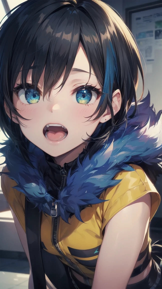 Close-up of a cartoon girl with blue hair and a yellow shirt, 2D Animation, 2D Animation style, 2D Art, 2D Art, 2D from Gorillaz, 2D from Gorillaz, 2D Gorillaz, Screaming Cerket, 2D Sprites, Jinx Face, short hair, hot pants, Small breasts, ((Black Hair, Bright blue fur inside:1.4))