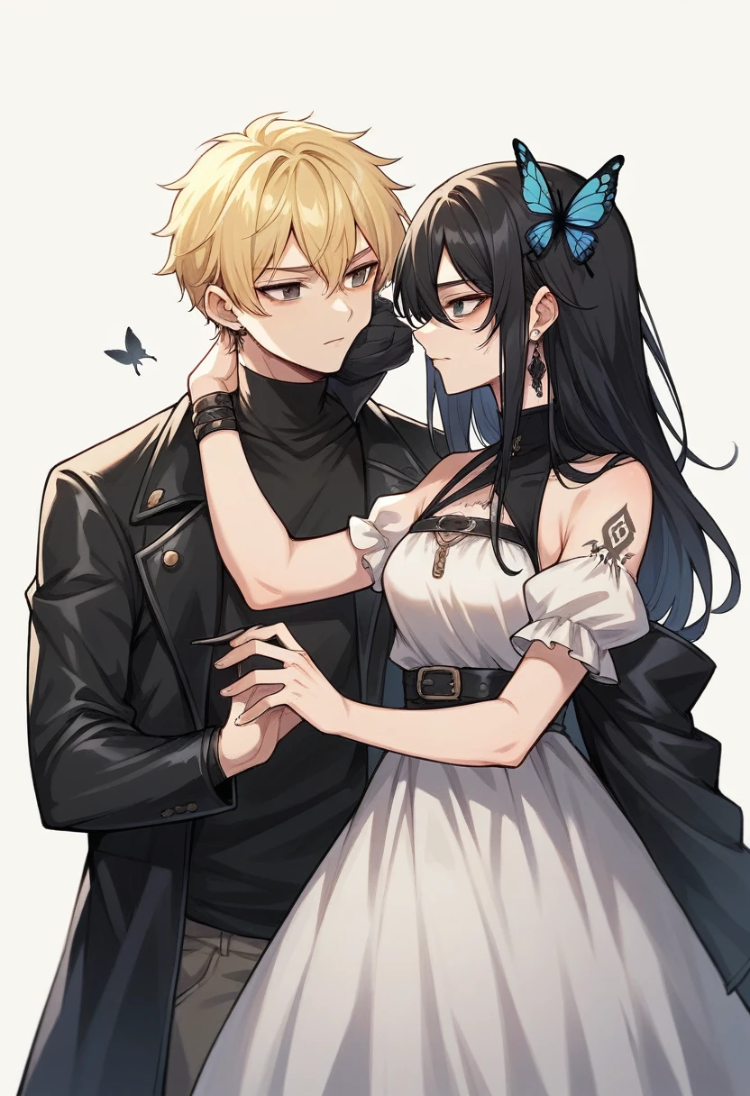 1 blonde girl with dark eyes wearing a short loose white dress, She has a tattoo on her neck of a black butterfly She is with a boy with black hair and eyes, tatuados, and wearing black clothes with a leather jacket, he is holding a black mask in his hand 