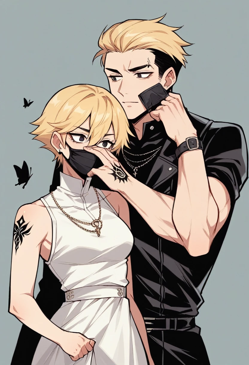 1 blonde girl with dark eyes wearing a short loose white dress, She has a tattoo on her neck of a black butterfly She is with a boy with black hair and eyes, tatuados, and wearing black clothes with a leather jacket, he is holding a black mask in his hand 