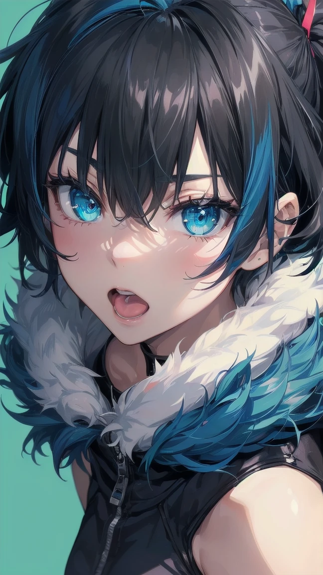 Close-up of a cartoon girl with blue hair and a yellow shirt, 2D Animation, 2D Animation style, 2D Art, 2D Art, 2D from Gorillaz, 2D from Gorillaz, 2D Gorillaz, Screaming Cerket, 2D Sprites, Jinx Face, short hair, hot pants, Small breasts, ((Black Hair, Bright blue fur inside:1.4))