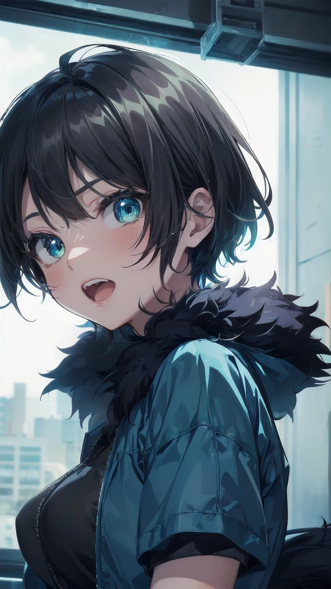 Close-up of a cartoon girl with blue hair and a yellow shirt, 2D Animation, 2D Animation style, 2D Art, 2D Art, 2D from Gorillaz, 2D from Gorillaz, 2D Gorillaz, Screaming Cerket, 2D Sprites, Jinx Face, short hair, hot pants, Small breasts, ((Black Hair, Bright blue fur inside:1.4))