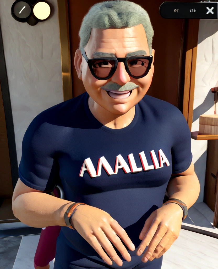 Disney Pixar cartoon character of a man in sunglasses and blue shirt writing wow, animation character, stylized character, animation style rendering, 3d stylized, Arnold Maya rendering, Stylized 3D rendering, toon render screenshot, 3d character, 3d character, Stylized 3D rendering, 3D character rendering, cartoon character, Personagem de close up, character posing, (Pixar-style) (master part:1.2) (bokeh) (best qualityer) (skin detailed) (detailed texture) (8K) (Argilla) (cinematic lighting) (sharp focus
