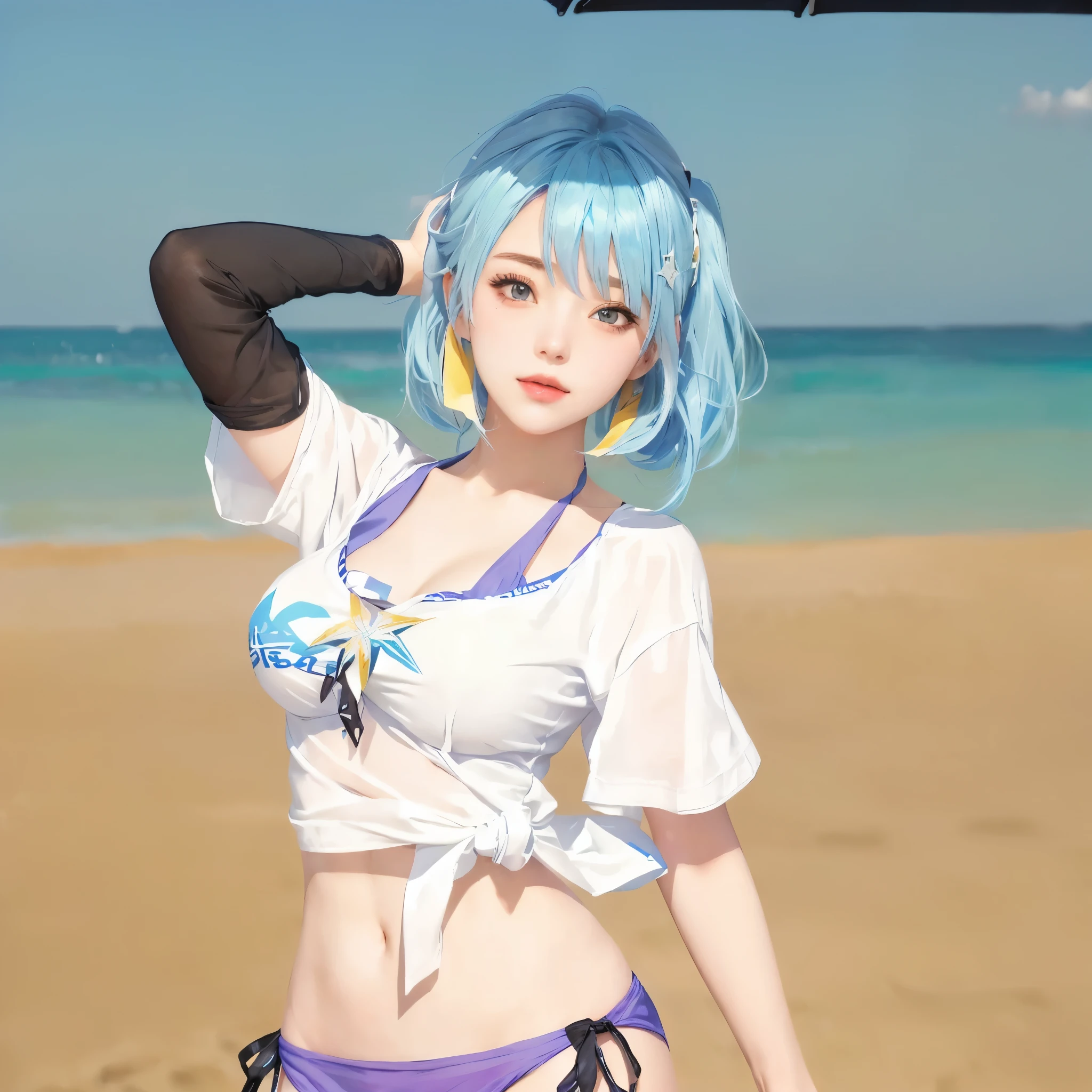 girl with blue hair and a white shirt on a beach, made with painter studio, from girls frontline, painted in painter studio, sayori, realistic bikini, from the azur lane videogame,