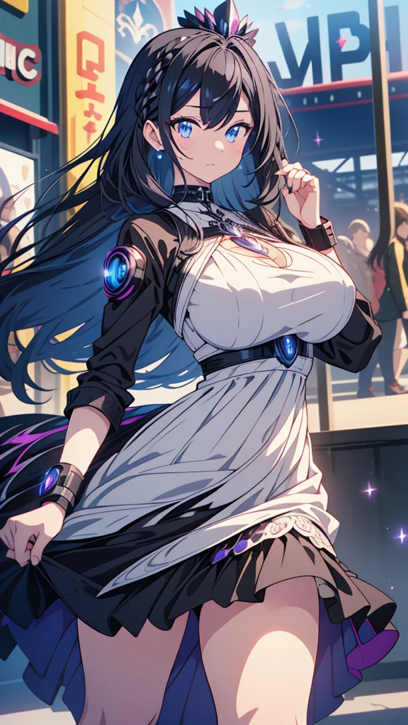 best quality, extremely detailed, anime style adult 1girl, long hair down to the waist, straight hair, ((dark black hair with bluish)),crown braid,beautiful detailed eyes, pinched eyes, dark blue eyes, huge breasts,curvy,(((white main black cyberpunk and magical dress))),longskirt,feather accessory,((magical girl)),light smile,((amusement park)),animation cap,animated gif