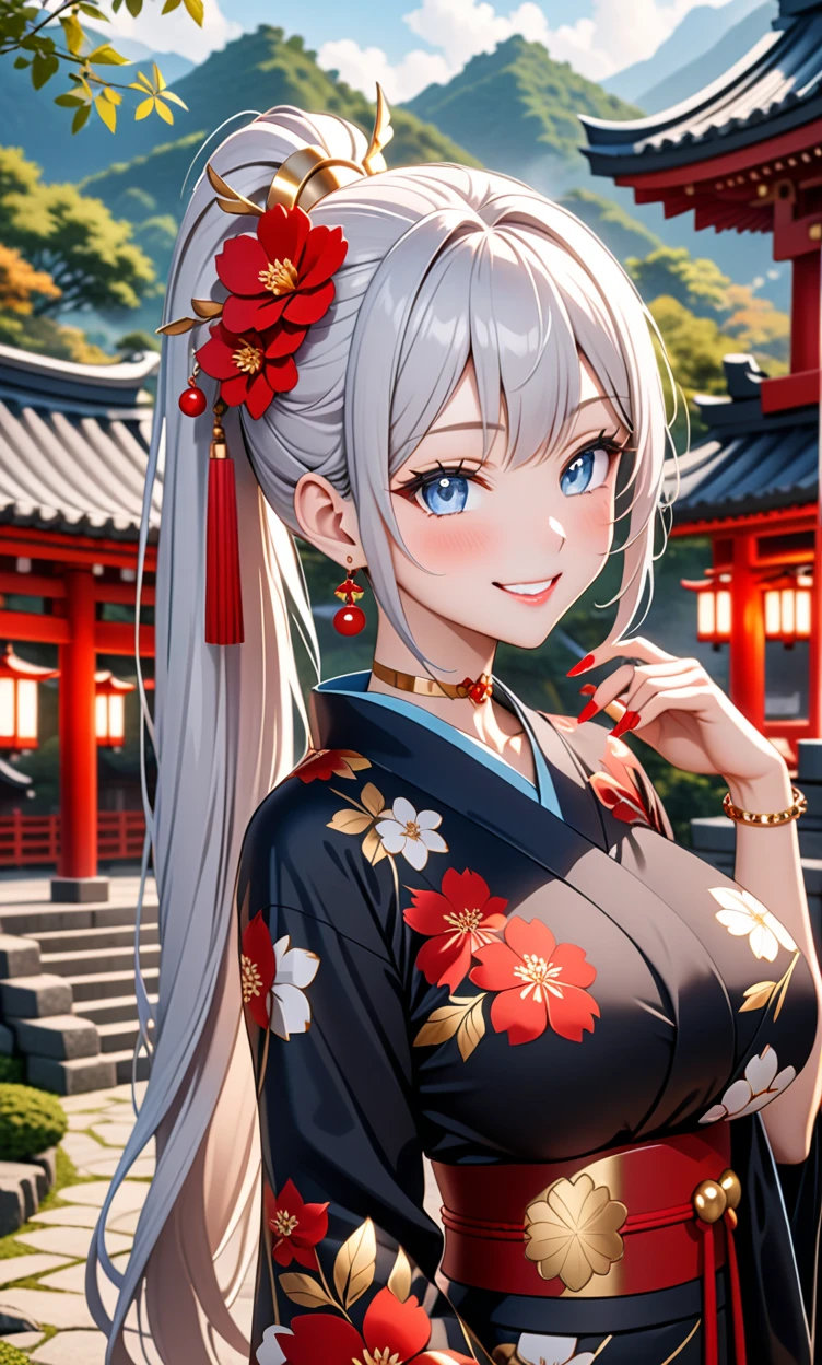 ultra-detailed, ((one girl)), hyper detailed, absurdres, 8K,Cute face, (Laugh shyly), ((teasing smile:1.8)), ((Wink:1.7)), (Laugh with your mouth wide open:1.3),(Tilt your head:1.3), (Doing sexy poses:1.3), View your viewers, ((Bright red cheeks:1.6)),Glossy Red Lips, ((Big Breasts:1.5)) (valley), night, Shrines in the countryside, (Brighten your face), ((Anime style background)),masterpiece, Highest quality, so beautiful,Latest, Complex details, (Pink long nails), (nail art), (ring),(bracelet), (Floral Choker),AI-generated, Complex,High resolution, Highest quality, super high quality,3D Images、3D Images,One person,Long white hair,(High Ponytail), Anime woman posing for a photo, ((Fine grain, pale blue eyes:1.2)), ((glowing eyes:1.4)), (Squint your eyes:1.1),a hyperRealistic , hyperRealistic , Realistic,Anime woman with long white hair, Smooth anime CG art, With gold embroidery、A girl in a gorgeous kimono, ((Black long sleeve kimono:1.5)),((Red large floral pattern)) ,Long flower hair ornament,Floral Earrings,Mature Body,tall,Abdominal muscles,Narrow waist,((arched back:1.9)),(front view),