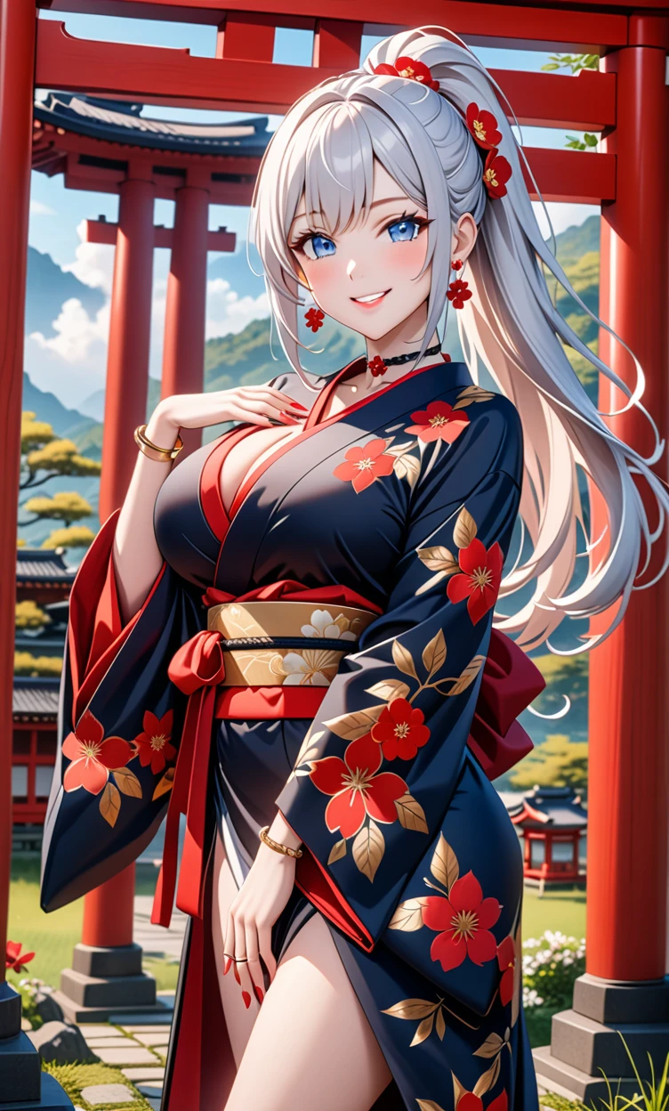ultra-detailed, ((one girl)), hyper detailed, absurdres, 8K,Cute face, (Laugh shyly), ((teasing smile:1.8)), ((Wink:1.7)), (Laugh with your mouth wide open:1.3),(Tilt your head:1.3), (Doing sexy poses:1.3), View your viewers, ((Bright red cheeks:1.6)),Glossy Red Lips, ((Big Breasts:1.5)) (valley), night, Shrines in the countryside, (Brighten your face), ((Anime style background)),masterpiece, Highest quality, so beautiful,Latest, Complex details, (Pink long nails), (nail art), (ring),(bracelet), (Floral Choker),AI-generated, Complex,High resolution, Highest quality, super high quality,3D Images、3D Images,One person,Long white hair,(High Ponytail), Anime woman posing for a photo, ((Fine grain, pale blue eyes:1.2)), ((glowing eyes:1.4)), (Squint your eyes:1.1),a hyperRealistic , hyperRealistic , Realistic,Anime woman with long white hair, Smooth anime CG art, With gold embroidery、A girl in a gorgeous kimono, ((Black long sleeve kimono:1.5)),((Red large floral pattern)) ,Long flower hair ornament,Floral Earrings,Mature Body,tall,Abdominal muscles,Narrow waist,((arched back:1.9)),(front view),