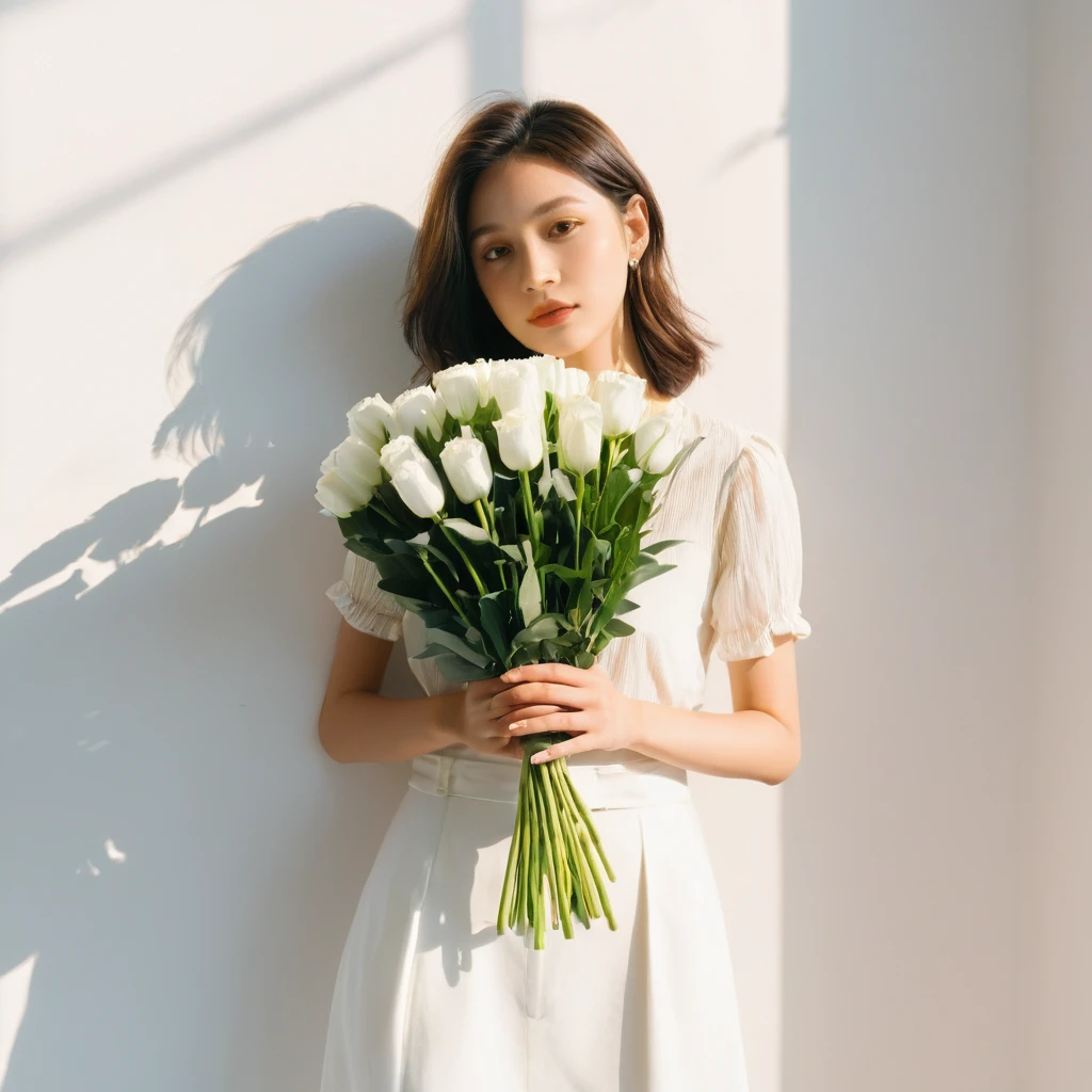 Clean girl aesthetic, holding flower bouquet, white wall background, long shadows, cinematic