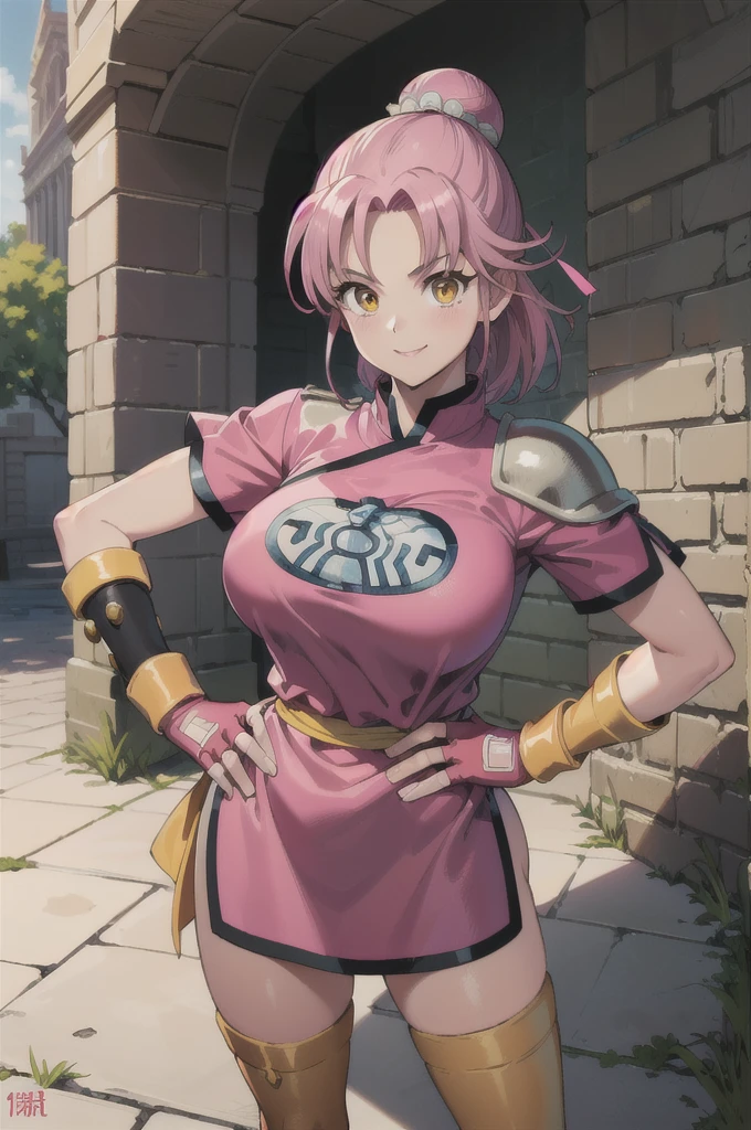 ((masterpiece, best quality:1.1), maam, dragon quest, 1girl,  solo, large breasts, fingerless gloves, pink gloves, fingerless gloves, pink gloves, chinese clothes, red dress, ribbon, pink hair, yellow eyes, Big Breasts:1.6, parted bang, bun cover, smile, hand on hip, coliseum 
