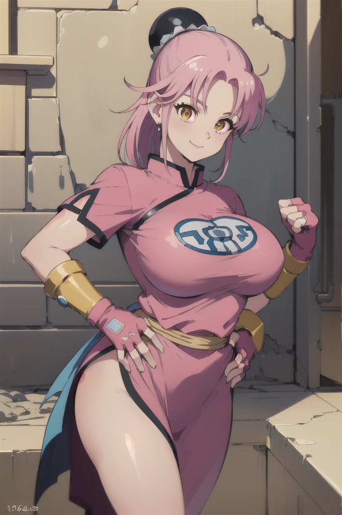((masterpiece, best quality:1.1), maam, dragon quest, 1girl, solo, big breasts, fingerless gloves, pink gloves, fingerless gloves, pink gloves, chinese clothes, red dress, ribbon, long pink hair, yellow eyes, Big Breasts:1.6, parted bang, bun cover, smile, hand on hip, coliseum