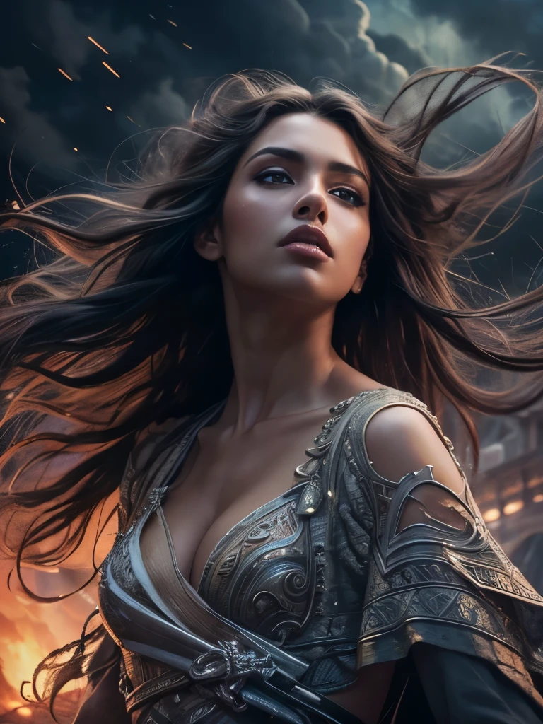(Masterpiece.uhd. Oil painting.)Medium full shot. stunning goddess, young woman, age 23. fit body, walking above black storm clouds, detailed face, beautiful eyes, full lips, detailed skin, flowing hair, epic scale, dramatic lighting, fantasy, cinematic, vibrancy, photorealistic, hyper detailed, 8k, masterpiece, award-winning art