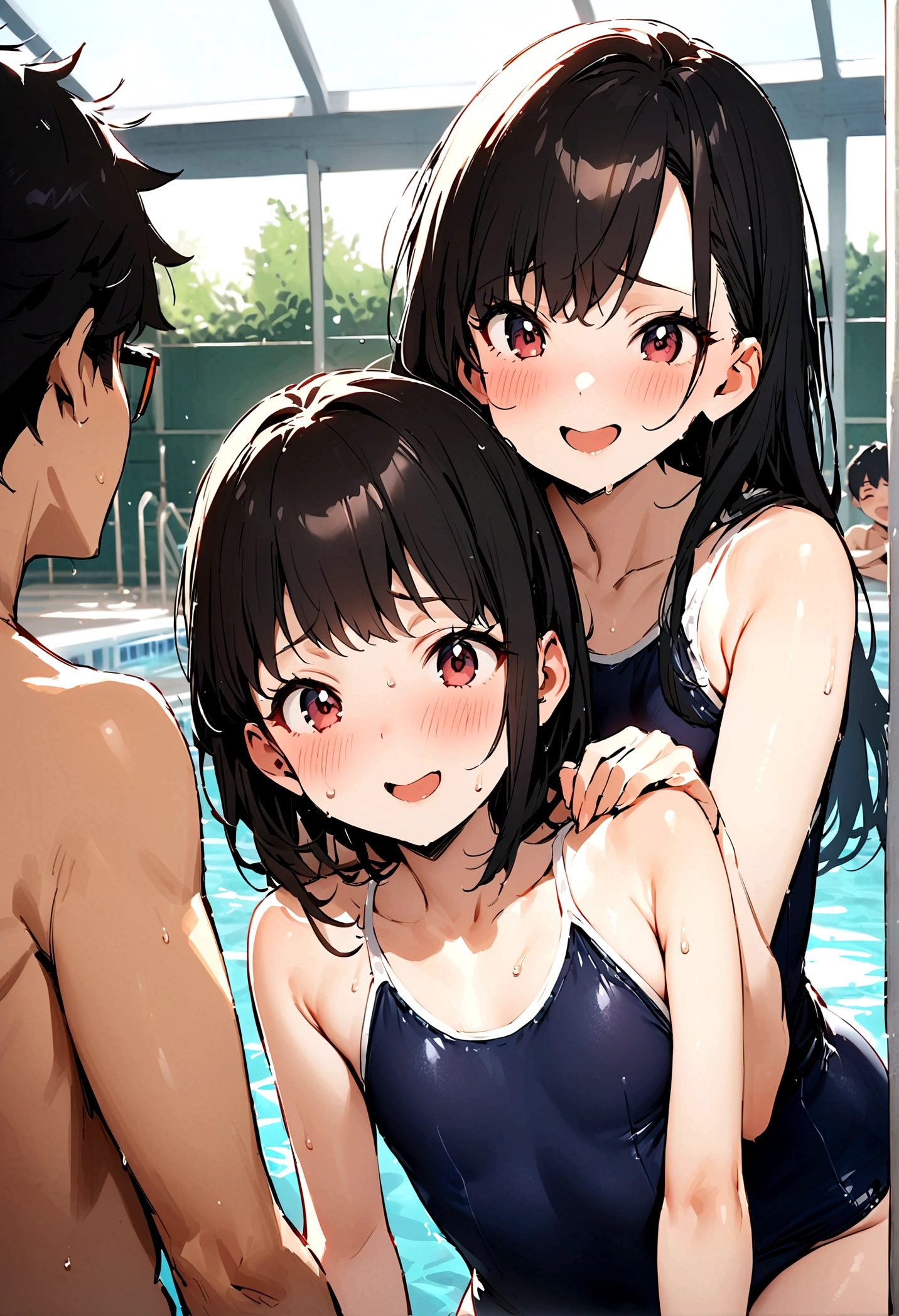 Highest quality,masterpiece,Black Hair,Classmate,School swimming pool,Teasing and teasing the boys,Friendly,Fabric school swimsuit,