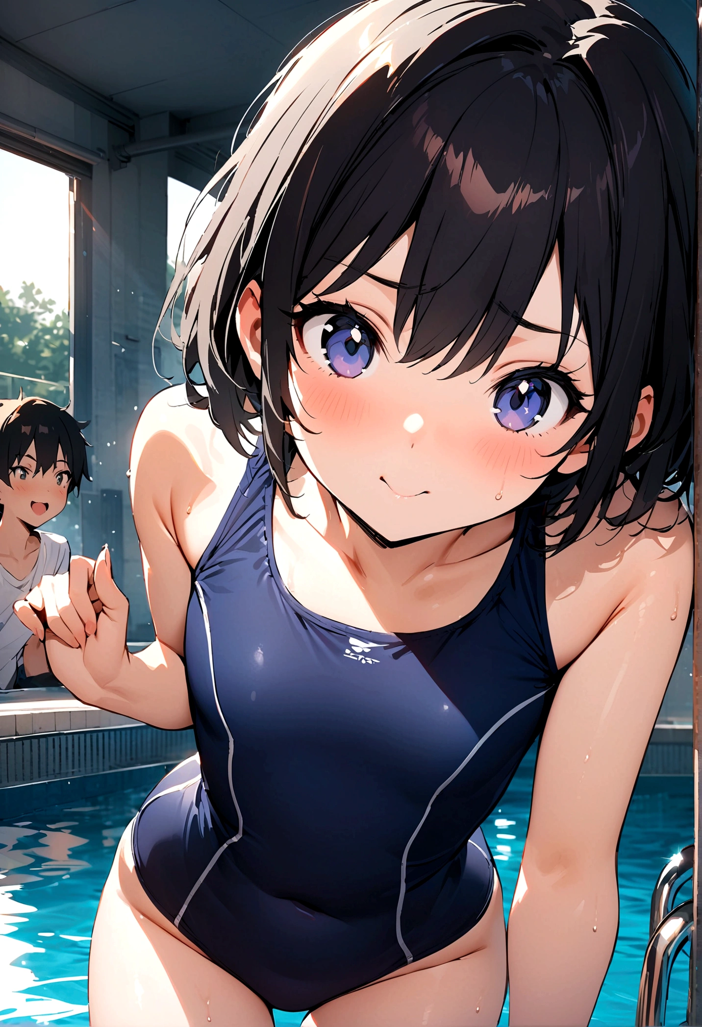 Highest quality,masterpiece,Black Hair,Classmate,School swimming pool,Teasing and teasing the boys,Friendly,Fabric school swimsuit,