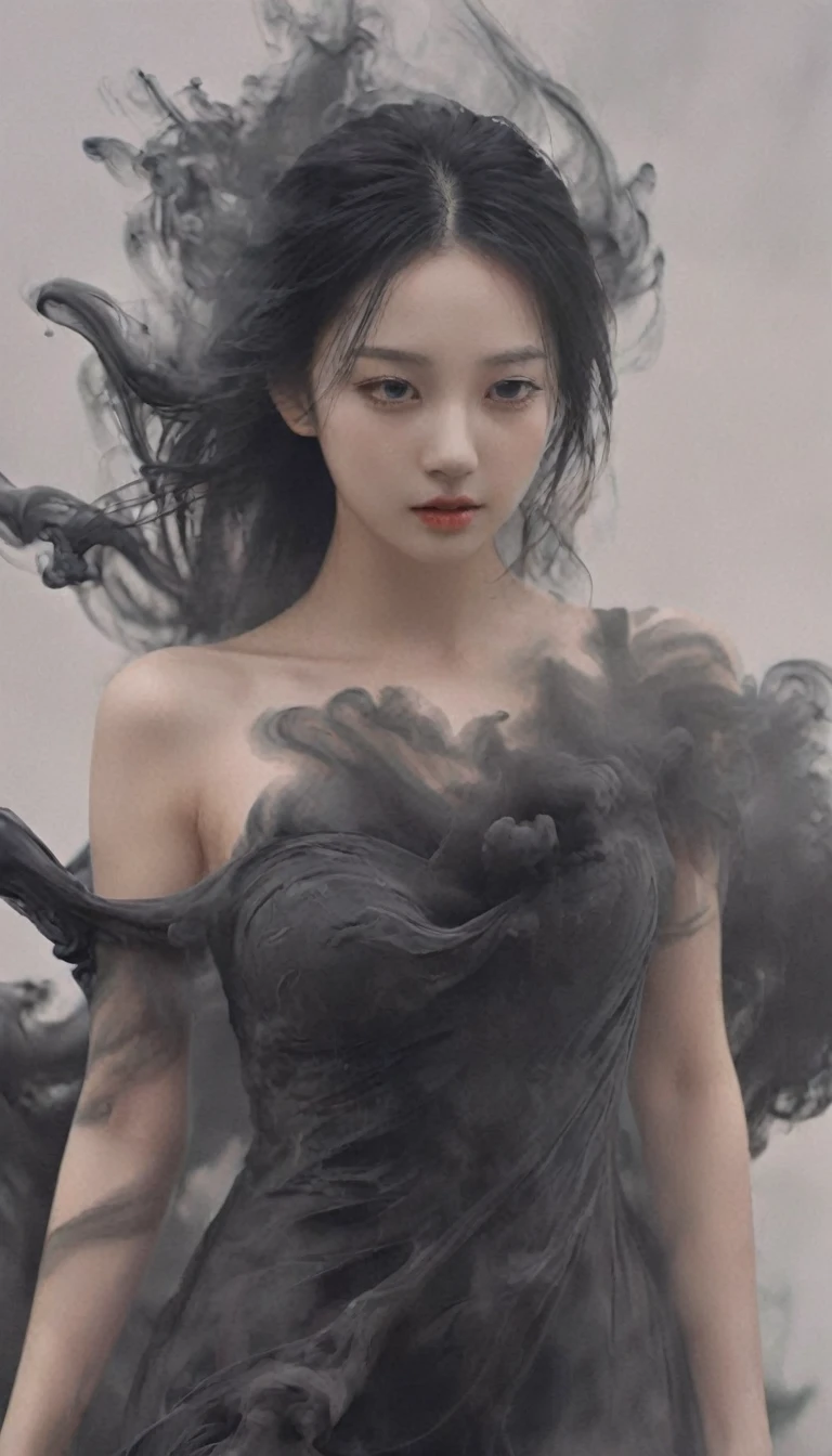 bailing_darkness，a girl made of black smoke，1girl，beautiful face，((Best quality)), ((Masterpiece)), ((Realistic)), solo