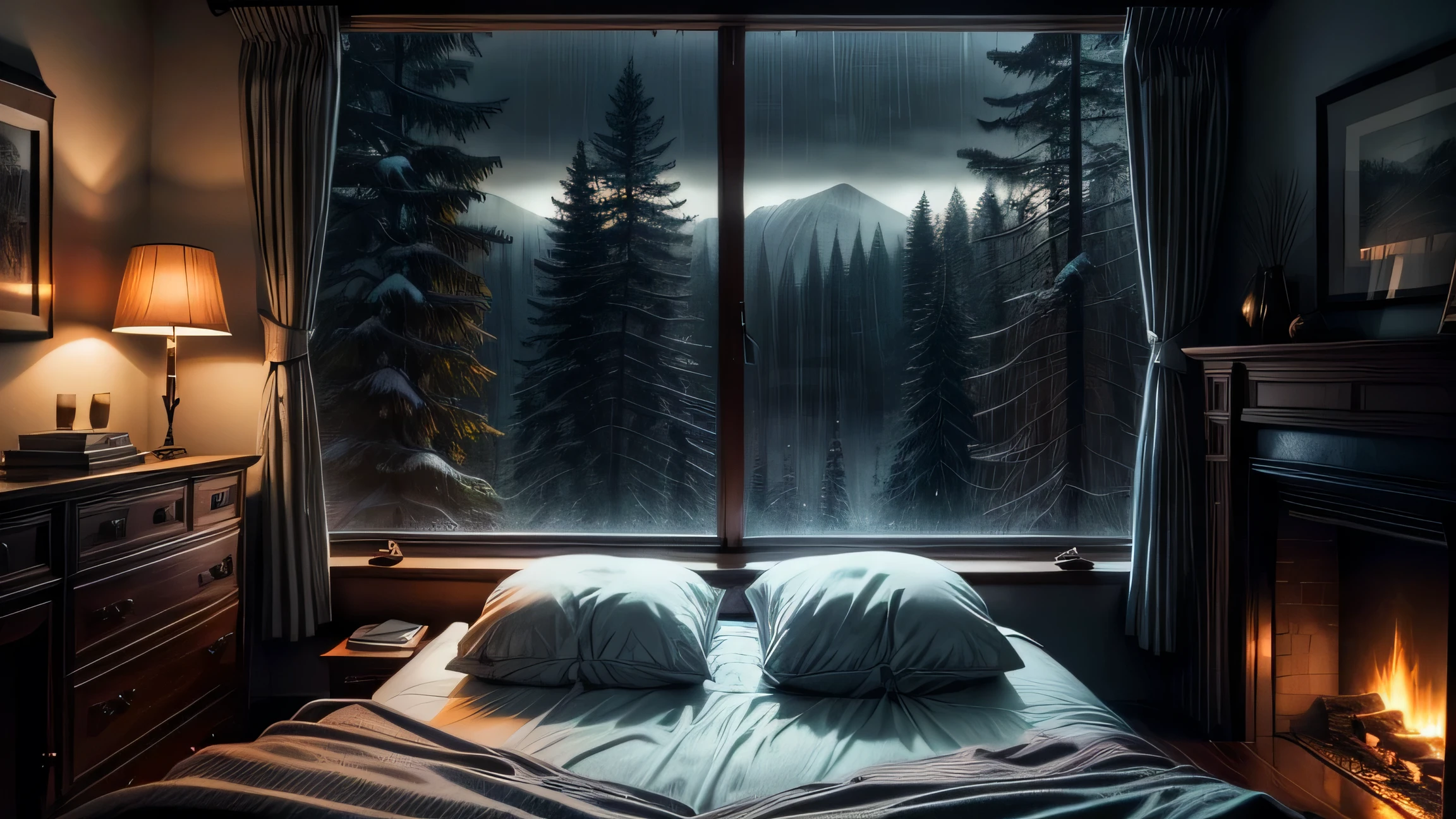 night, bedroom, fireplace, blanket on big bed, tall trees outside large window, tilted angle of window, dark sky, rain, fog, cinematic perspective, 8K, photography, high detail, details, high quality shadows, realism