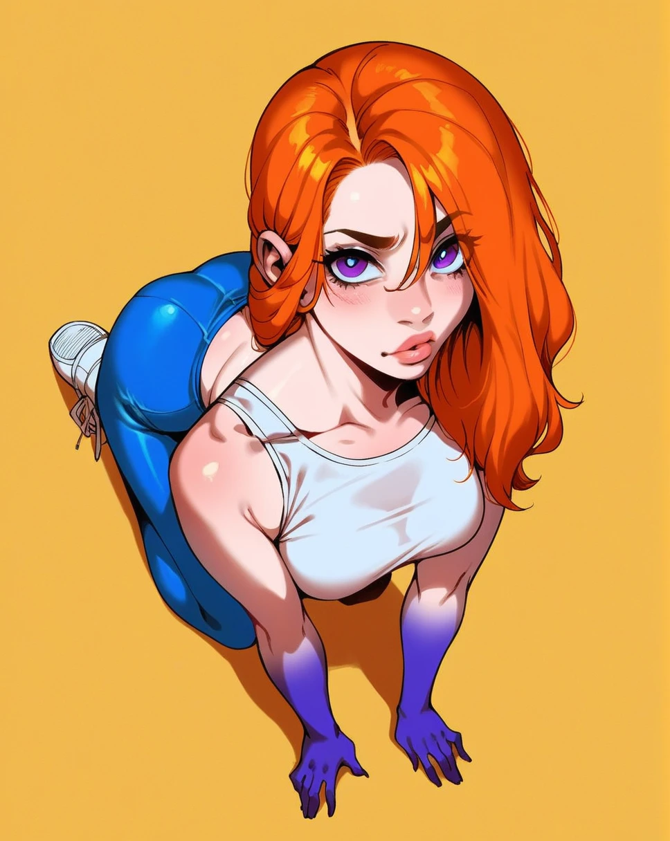 score_9, score_8_above, score_7_above, score_6_above, score_5_above, score_4_above, 1 girl, line art, maduro, medium breasts, curves, wide, Orange hair, wavy fur, White skin, lips, purple eyes, f3nn3r, zPDXL simple background, White crop top, blue leggings, White shoes, All fours, looking at the viewer