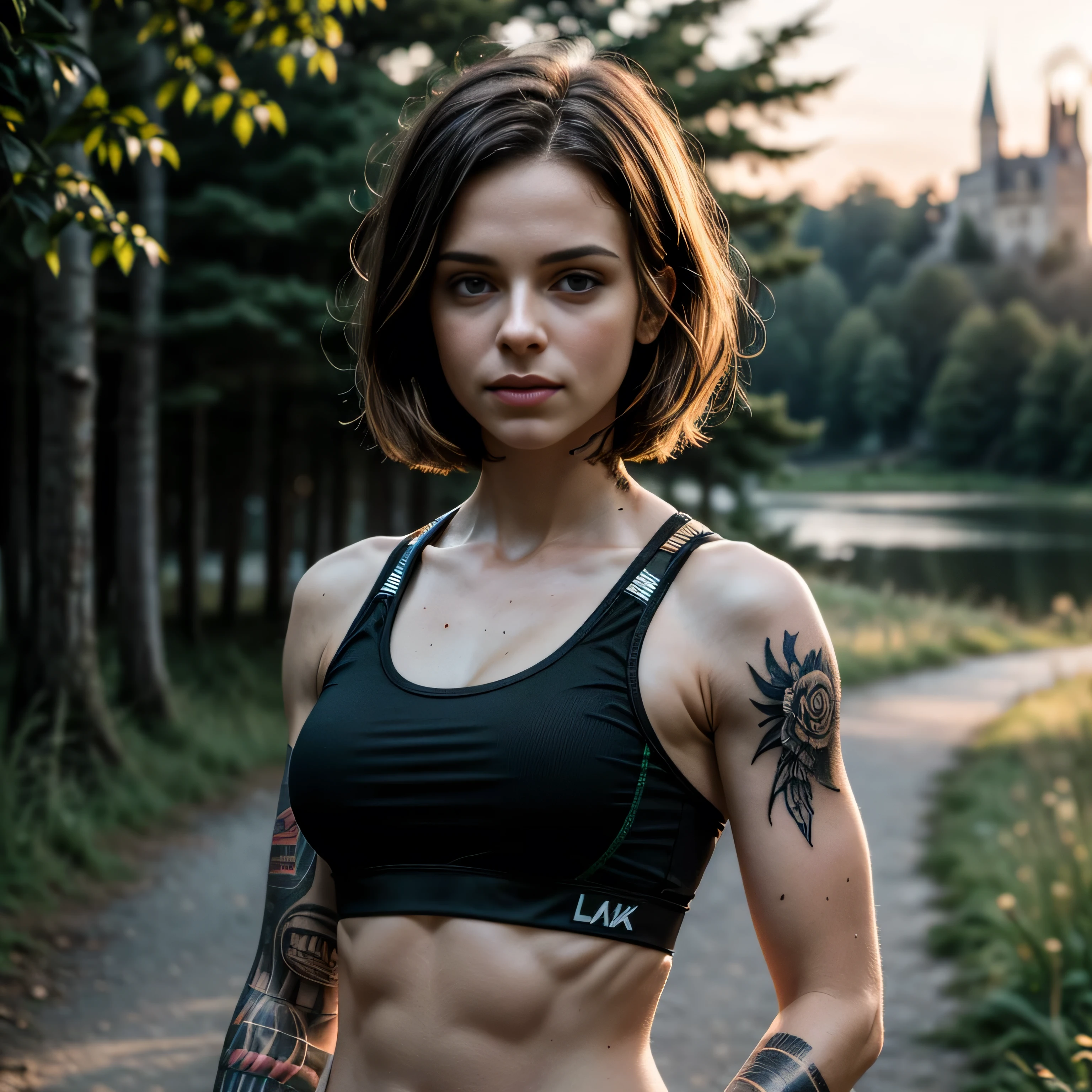 (masterpiece), (extremely intricate:1.3), (realistic), muscular girl, ((black sportsbra, short undercut [blonde hair:dark hair:0.2], [flat chest:large breasts:0.3], upper body, ((upper torso))), tattoo:1.2), ((outdoors, path through woods near lake, intense sunlight, far away castle)), professional photograph, sharp focus, dramatic, award winning, cinematic lighting, volumetrics dtx, (film grain, blurry background, blurry foreground, bokeh, depth of field, sunset, interaction), 8K