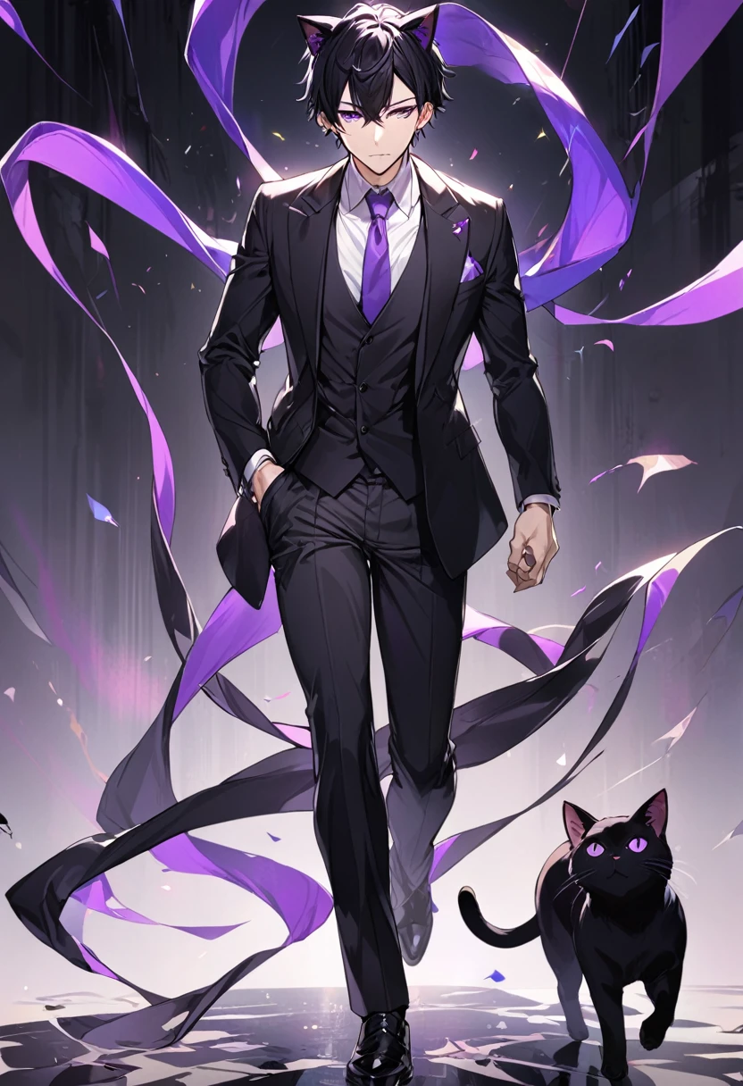 1man, short black hair, black cat ears, bright purple eyes, wearing a black suit vest, wearing a white undershirt, wearing a purple tie, wearing black pants
