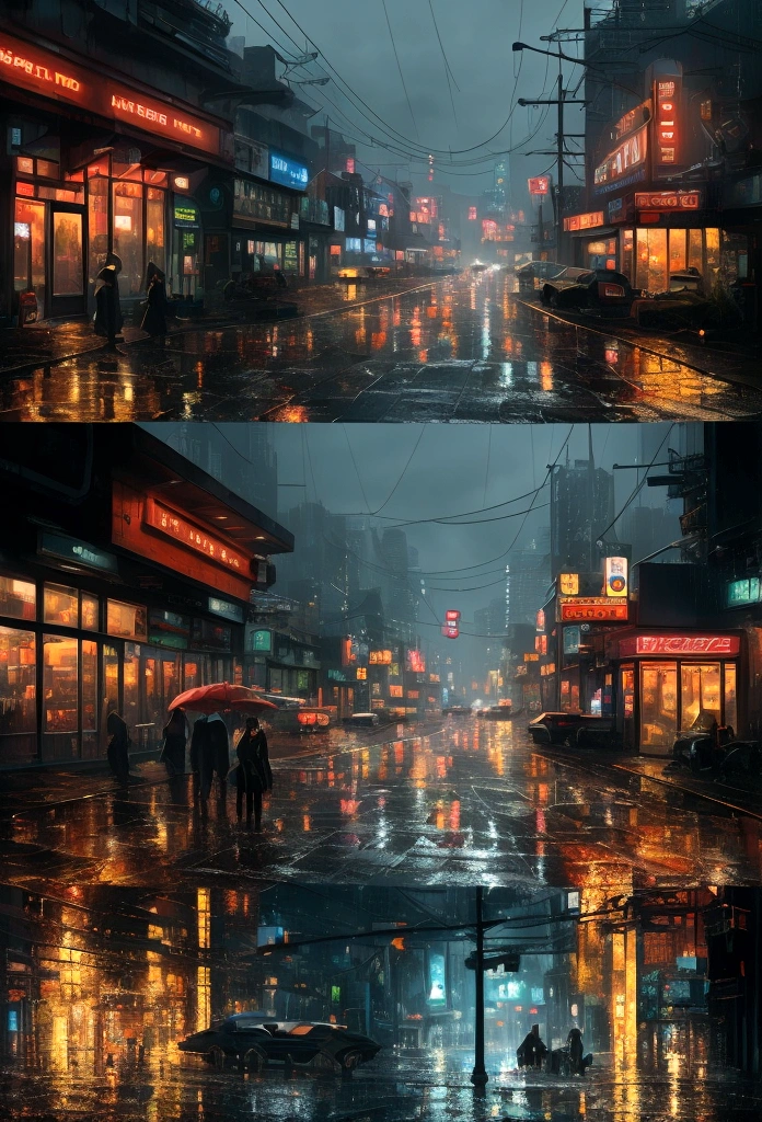 Cinematic scene of a couple standing close together in the rain in a neon-lit city at night. The couple is having a tender moment, Put your forehead together、close your eyes. In the background, blurred city lights and wet roads highlight neon signs。. The atmosphere is moody and romantic, Raindrops falling all around. High detail, Realistic lighting, Soft Focus.
