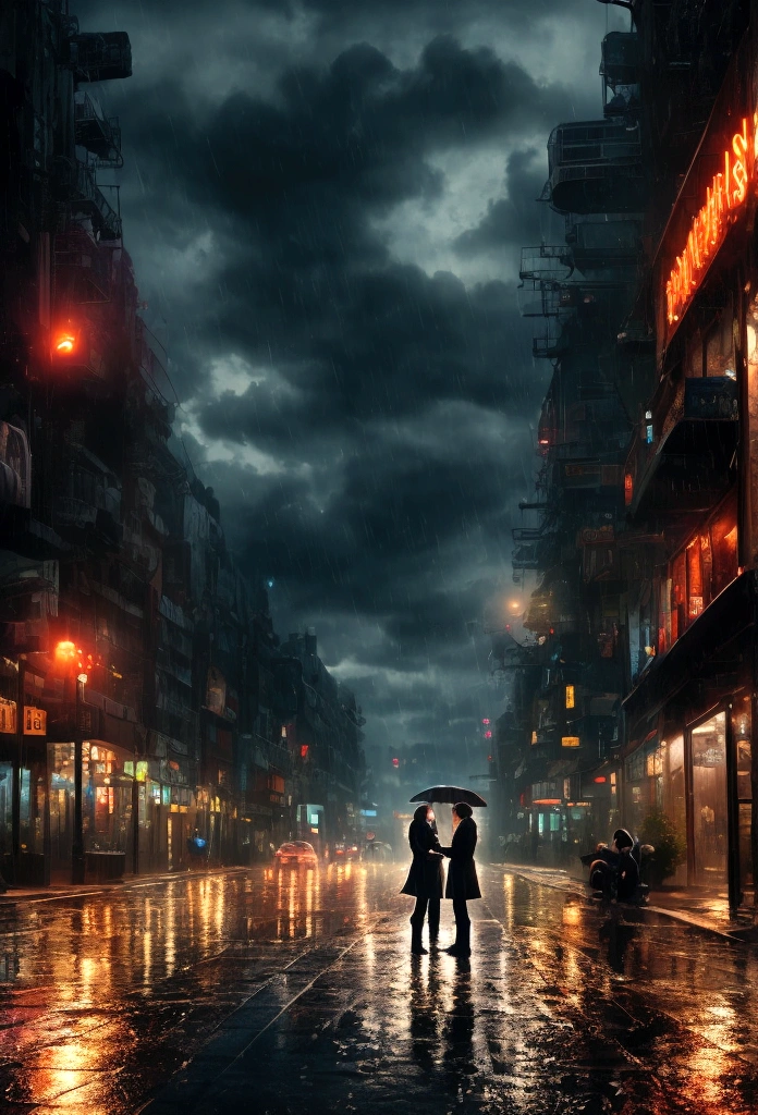 Cinematic scene of a couple standing close together in the rain in a neon-lit city at night. The couple is having a tender moment, Put your forehead together、close your eyes. In the background, blurred city lights and wet roads highlight neon signs。. The atmosphere is moody and romantic, Raindrops falling all around. High detail, Realistic lighting, Soft Focus.