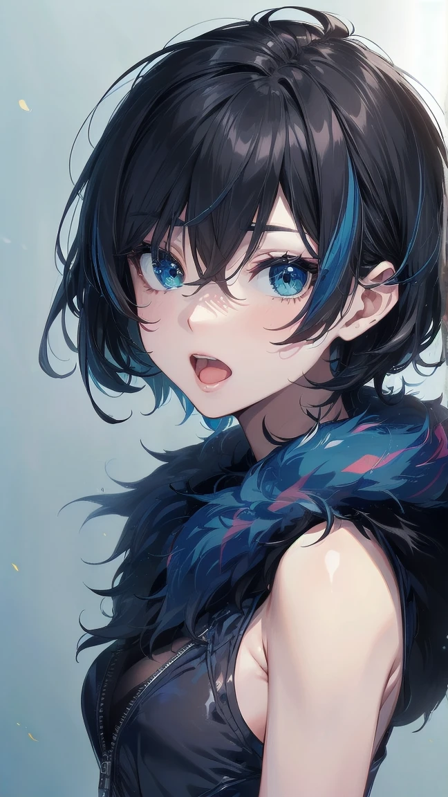 Close-up of a cartoon girl with blue hair and a yellow shirt, 2D Animation, 2D Animation style, 2D Art, 2D Art, 2D from Gorillaz, 2D from Gorillaz, 2D Gorillaz, Screaming Cerket, 2D Sprites, Jinx Face, short hair, hot pants, Small breasts, ((Black Hair, Bright blue fur inside:1.4))
