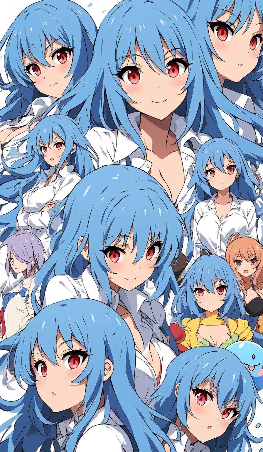 Masterpiece, Very detailed, Ultra-detailed, One, (1 woman), The woman with blue hair and red eyes, a white shirt, anime drawing inspired by Ib Eisner, trending on pixiv, auto-destructive art, sona - slim, reincarnated like slime, ikki tousen, anime moe artstyle, tensei shitara slime datta ken, seductive anime girl, There's a white background in the background, rimuru tempest