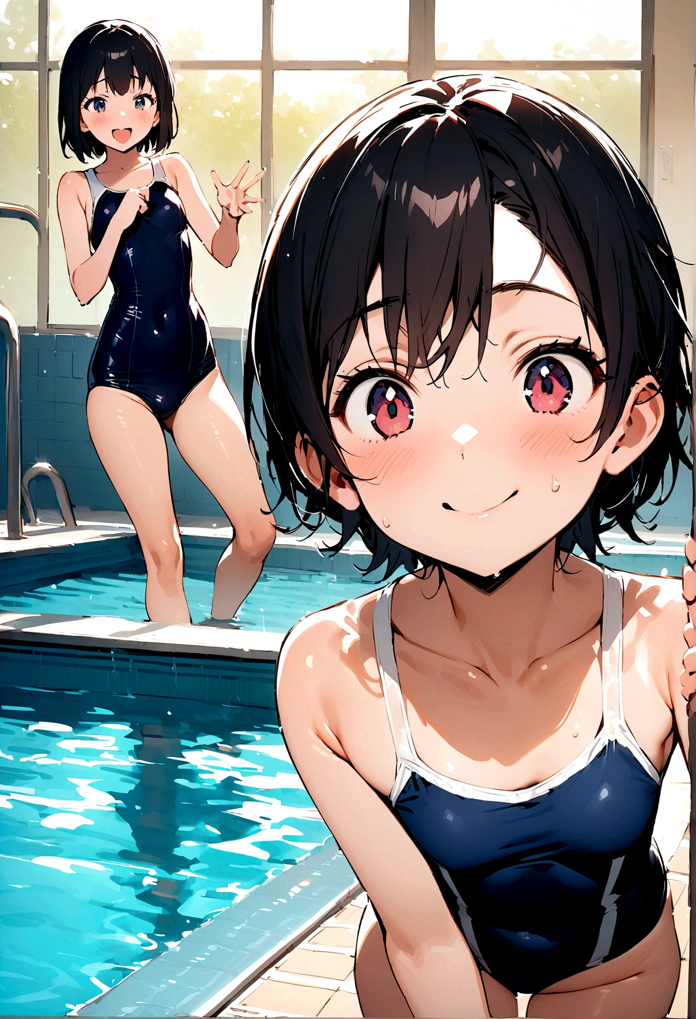 Highest quality,masterpiece,Black Hair,Classmate,School swimming pool,Teasing and teasing the boys,Friendly,High-cut school swimsuit,14 years old