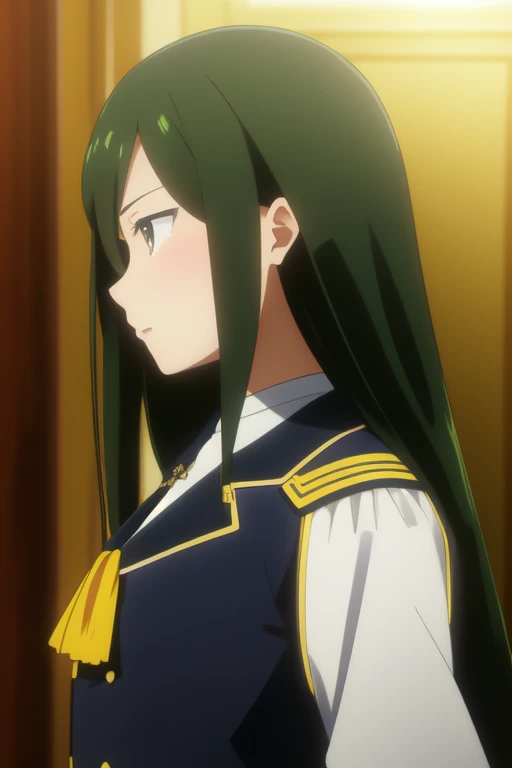 From the side,笑face,
One girl,alone,Long Hair,Green Hair,Hair between the eyes,bangs,very Long Hair,オレンジcolorの目,low-tied Long Hair,Garrison Cap,uniform,White Ascot,White shirt,Epaulettes,White gloves,Blue pants,Cowboy Shot,Arms crossed,, Amazing visuals, High resolution,masterpiece,Highest quality,, 18-year-old,young woman,beautiful指,beautiful長い脚,beautiful体,beautiful鼻,beautifulキャラクターデザイン, Perfect Eyes, perfect face,Expressive eyes,
Official Art,非常に詳細な CG ユニティ 8K 壁紙, Perfect lighting,colorful, bright_front_face_Lighting,Shiny skin, 
(masterpiece:1.0),(Highest_quality:1.0), 超High resolution,4K,Super detailed,
photograph, 8K, High resolution, High resolution, Absurd:1.2, 400 for Kodak Port, Film Grain, Blurred Background, Bokeh:1.2, Lens flare, (Vibrant_color:1.2), (beautiful_face:1.5),(narrow_Waist), ,Browsing Caution,