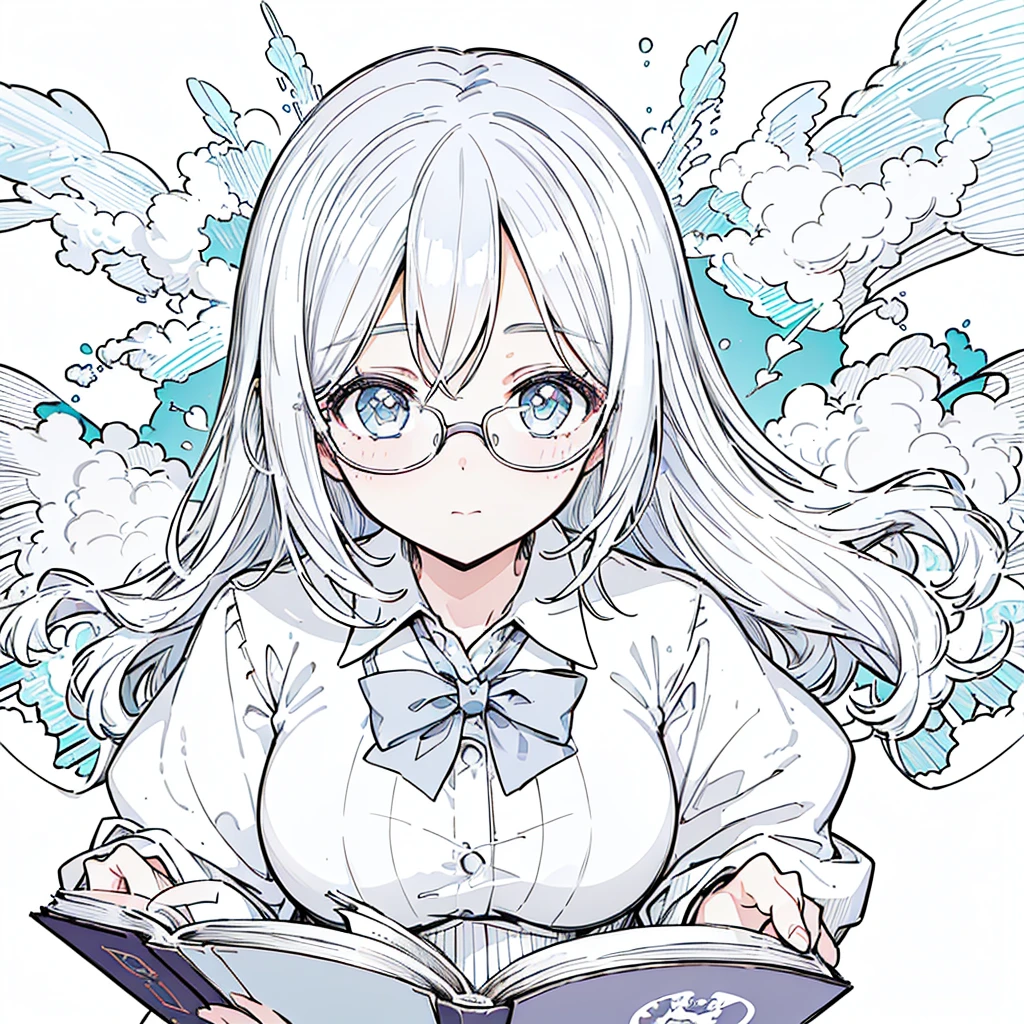 A girl,close up, wearing white shirt, reading a book, (best quality:1.3), (highres:1), (detailed:1.3), (incredible:1.3), (perfect:1.3), (perfection:1.3), (illustration:1.3), she's getting fun while reading it, dynamic on scene,Big Breasts、Glasses