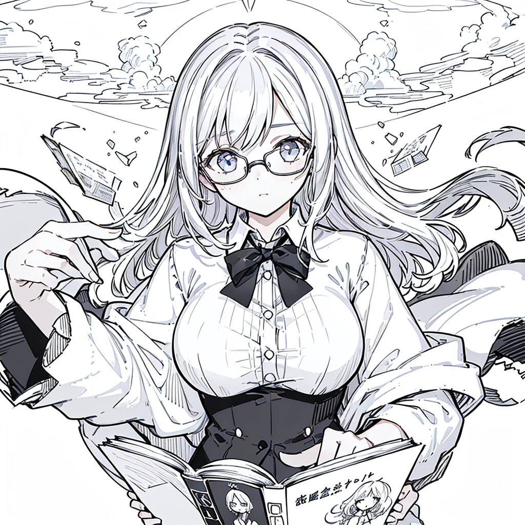 A girl,close up, wearing white shirt, reading a book, (best quality:1.3), (highres:1), (detailed:1.3), (incredible:1.3), (perfect:1.3), (perfection:1.3), (illustration:1.3), she's getting fun while reading it, dynamic on scene,Big Breasts、Glasses
