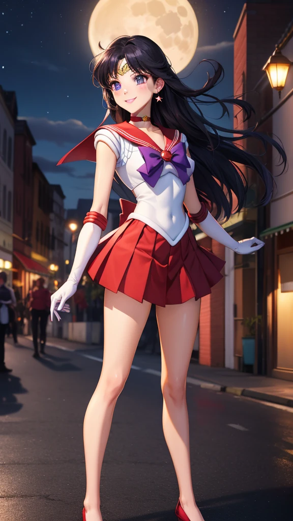 masterpiece, best quality, highres, absurdres, ultra detailed, pretty eyes,
sama1, tiara, sailor senshi uniform, white gloves, red sailor collar, red skirt, star choker, elbow gloves, pleated skirt, bare legs, purple bow
blowing kiss, cowboy shot, night, outdoors, moon, smile, city, full body, standing, hands down