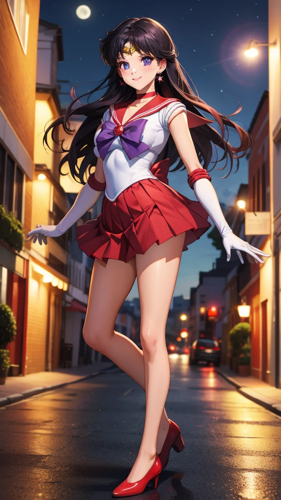 masterpiece, best quality, highres, absurdres, ultra detailed, pretty eyes,
sama1, tiara, sailor senshi uniform, white gloves, red sailor collar, red skirt, star choker, elbow gloves, pleated skirt, bare legs, purple bow
blowing kiss, cowboy shot, night, outdoors, moon, smile, city, full body, standing, hands down
