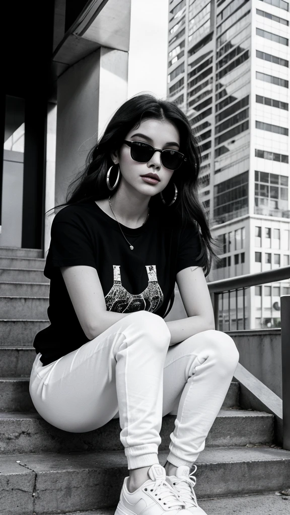 A trendy woman sitting on the steps of a city building, wearing a black oversized tee with white text, comfortable white sweatpants, and white sneakers. Her accessories include oversized sunglasses, hoop earrings, and a crossbody bag. The background shows the cityscape with people walking by and tall buildings.negative prompt :Clutter
Blurred
Unfocused
Low resolution
Distorted
Overexposed
Underexposed
Artificial
Fake
Pixelated
Cartoonish
Abstract
Dark
Grainy
Noise
Unrealistic
Old-fashioned
Retro
Vintage
Crowded
Messy
Unclear
Low quality
Monochrome
Black and white
Illustration