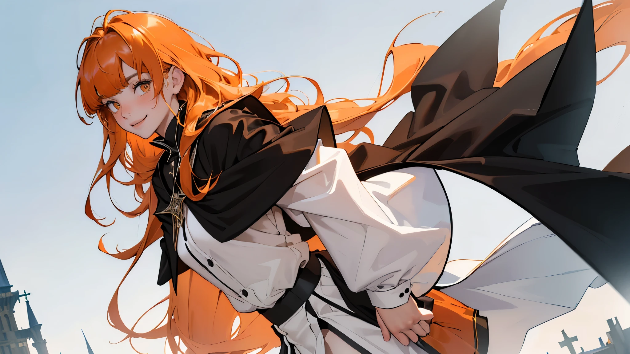 (girl), masterpiece, ultra detailed, 8K Portrait, Raw photo, woman's portrait photography, full body, Highly detailed face, mischievous childish smile, blush, ((Fantasy)), ((young)), , 160cm, (((student))), ((tanned skin)), (((dark orange colored long straight hair))), (((blunt bangs))), hair ornament, (((black silk long cloak))) Fluttering in the wind, (high school dark white uniform:1.5), Plaid short skirt, Midday sun, Hyper realistic, Slender body, by the snowy castle, Ambient lighting, Shadow details, Camera focus on face, strong breeze, Light fog, from side,